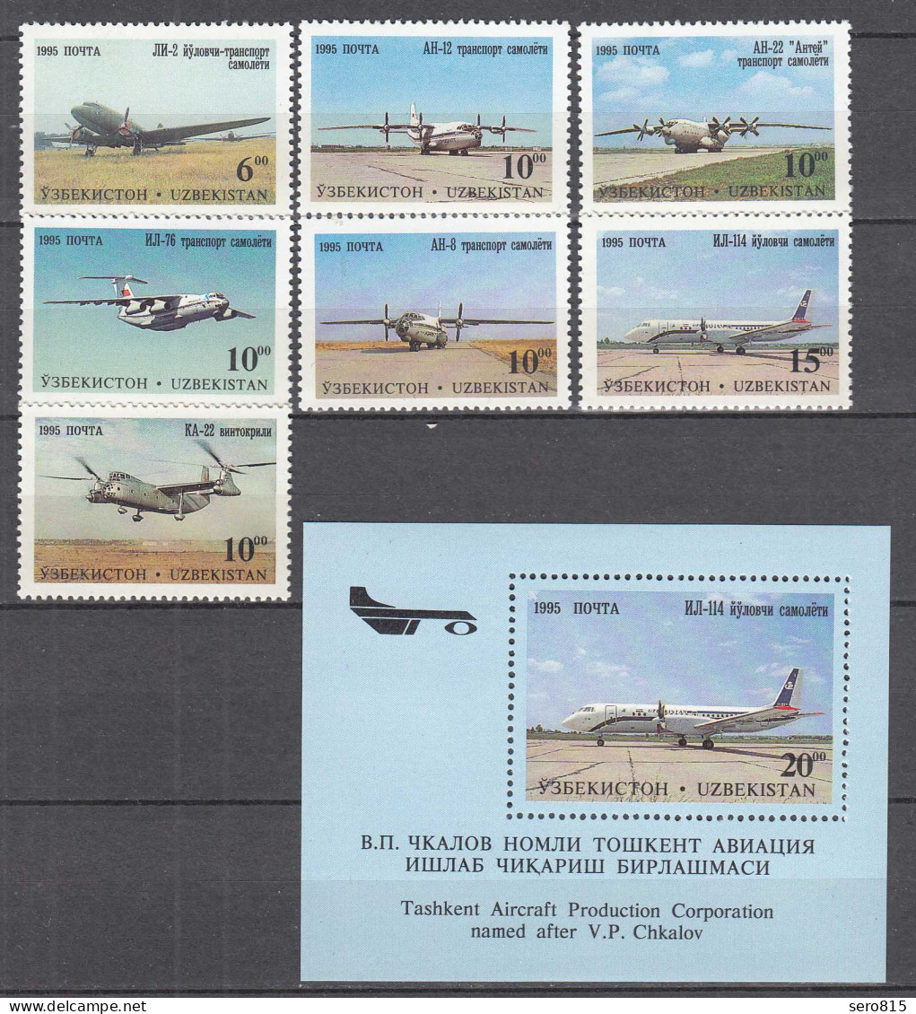 USBEKISTAN - UZBEKISTAN 1995 Mi.77-83 + Block 8 Flugzeuge ** MNH    (31263 - Usbekistan