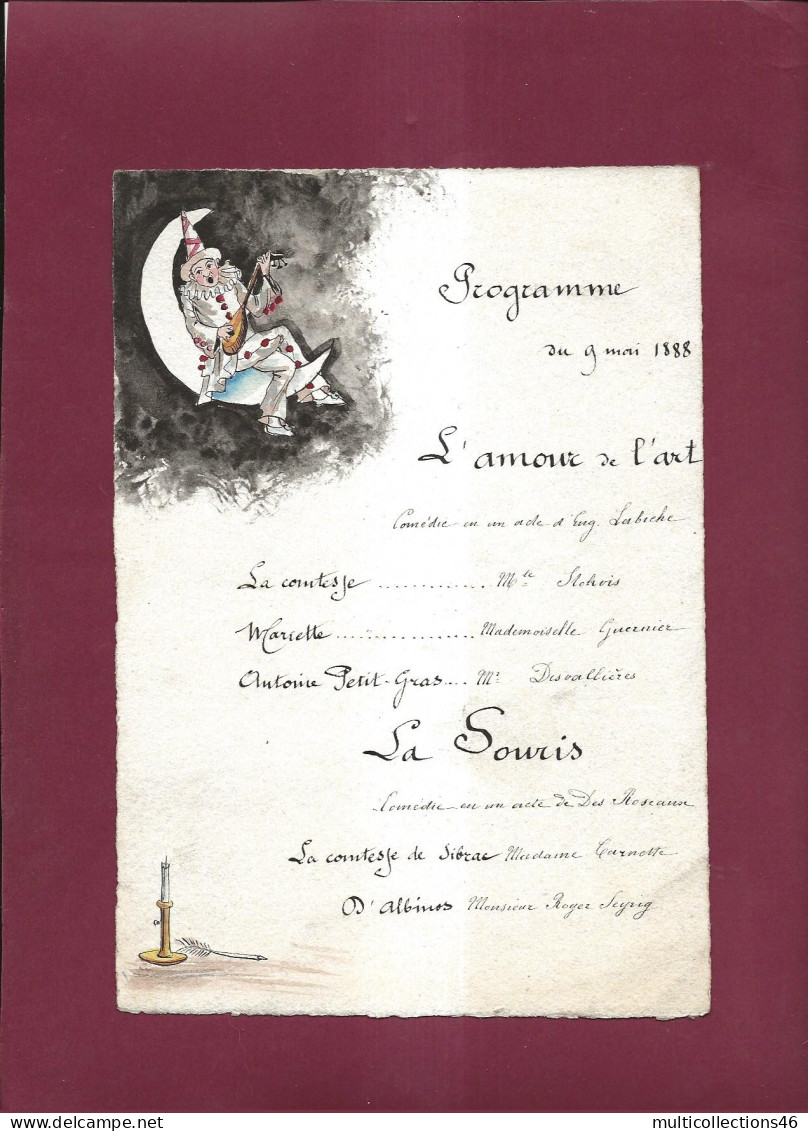 250224 - 2 PROGRAMMES 1888 Illustration Peinte à La Main Fleur Pensée - Théâtre Comédie Lune Arlequin Ménestrel  - Programma's