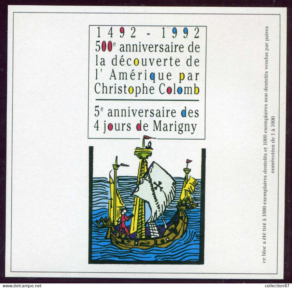 REF 001 > FRANCE < BLOC Carré Marigny N° 4 ND * * < Neuf Luxe -- MNH * * -- Christophe Colomb - Carré Marigny