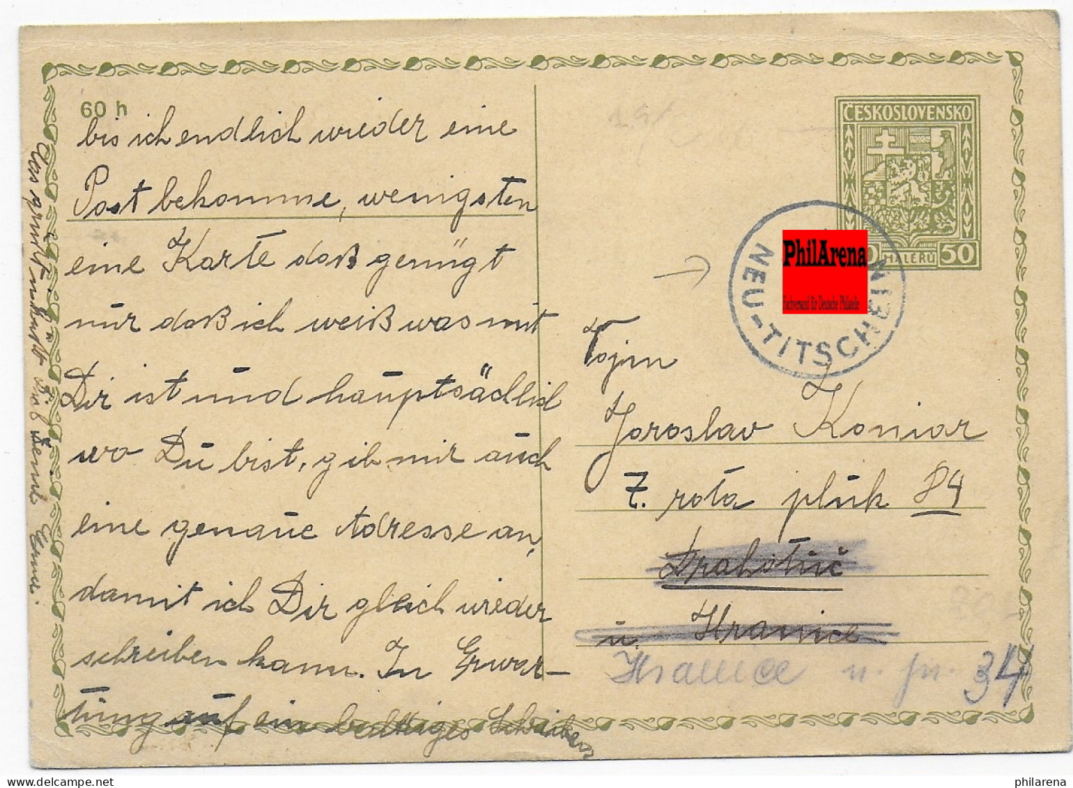 Ganzsache Mit Stempel Neu-Titschein 1938 - Région Des Sudètes