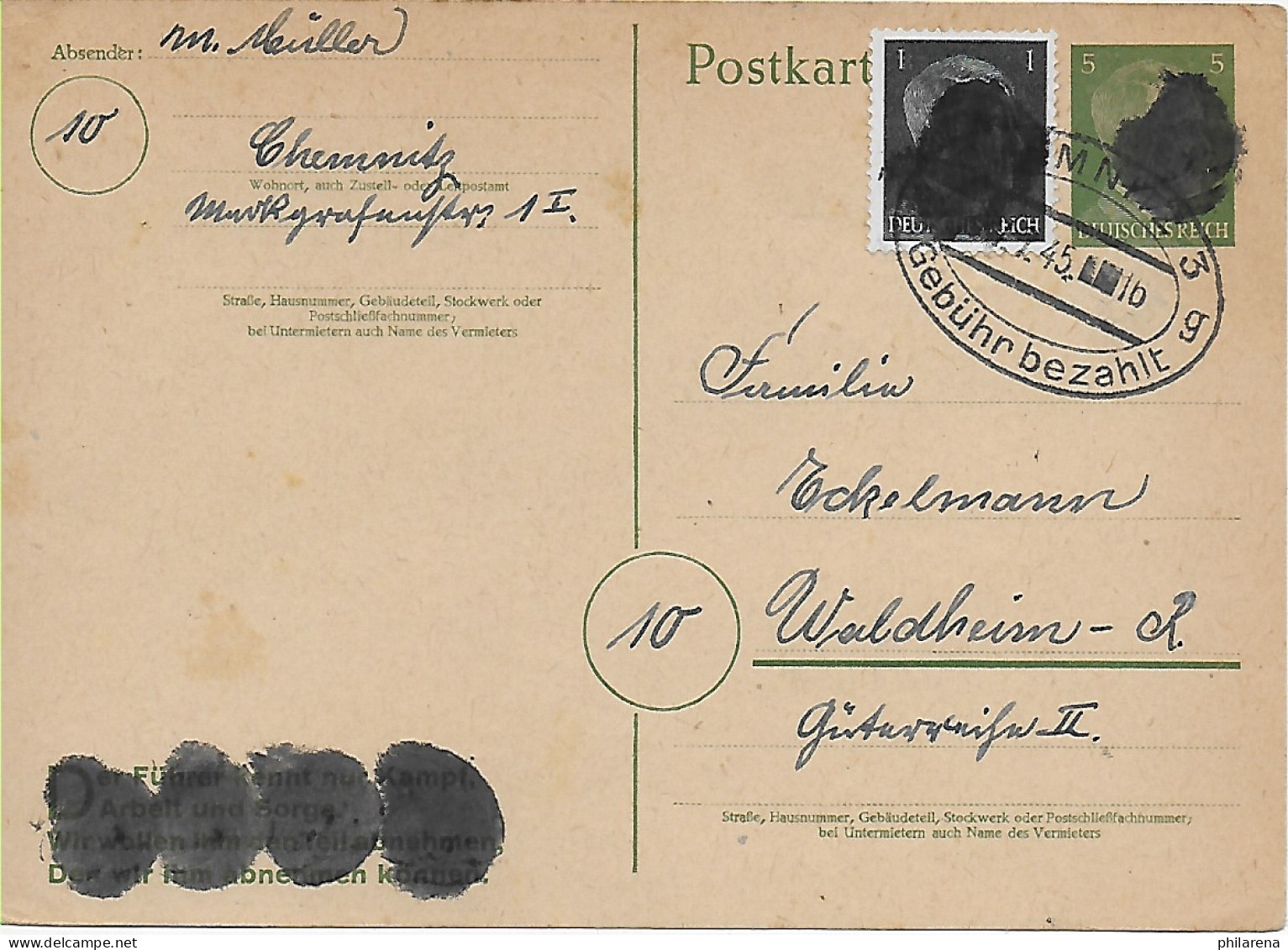 Chemnitz - Gebühr Bezahlt - Schwärzungen Nach Waldheim 1945 - Brieven En Documenten
