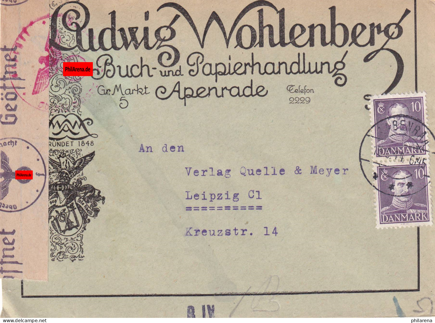 Cover Apenrade 1944, German Book Store To Leipzig, Censor - Other & Unclassified
