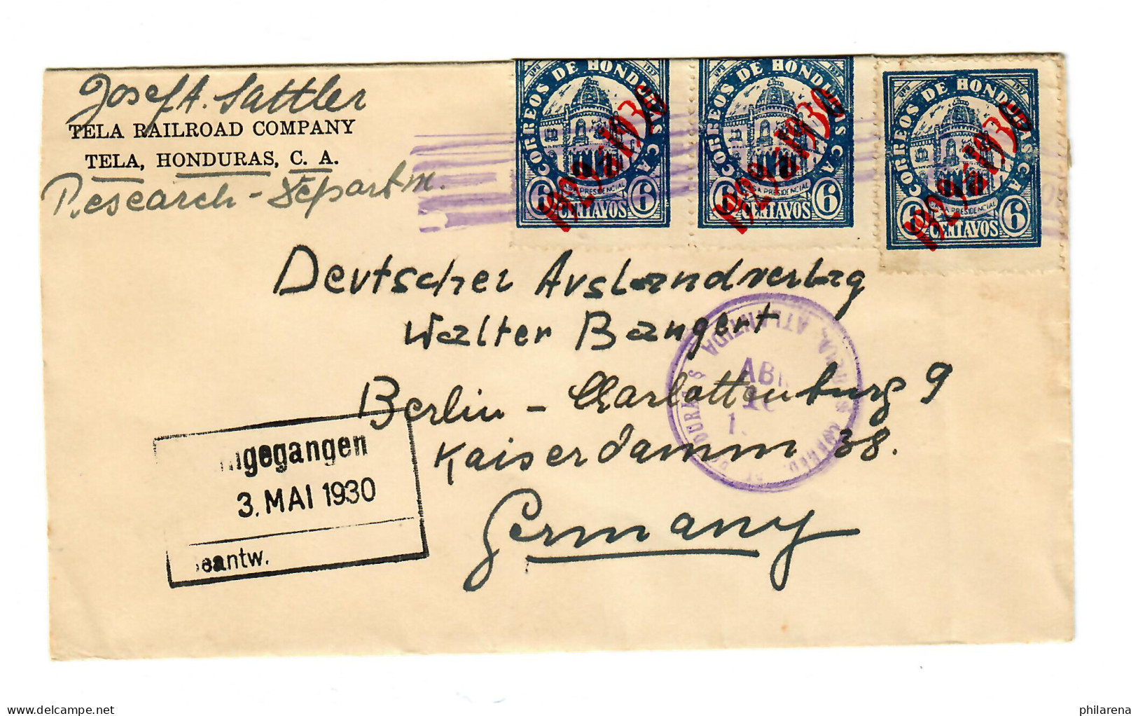 Cover Tela, Honduras 1930 To Berlin - Honduras