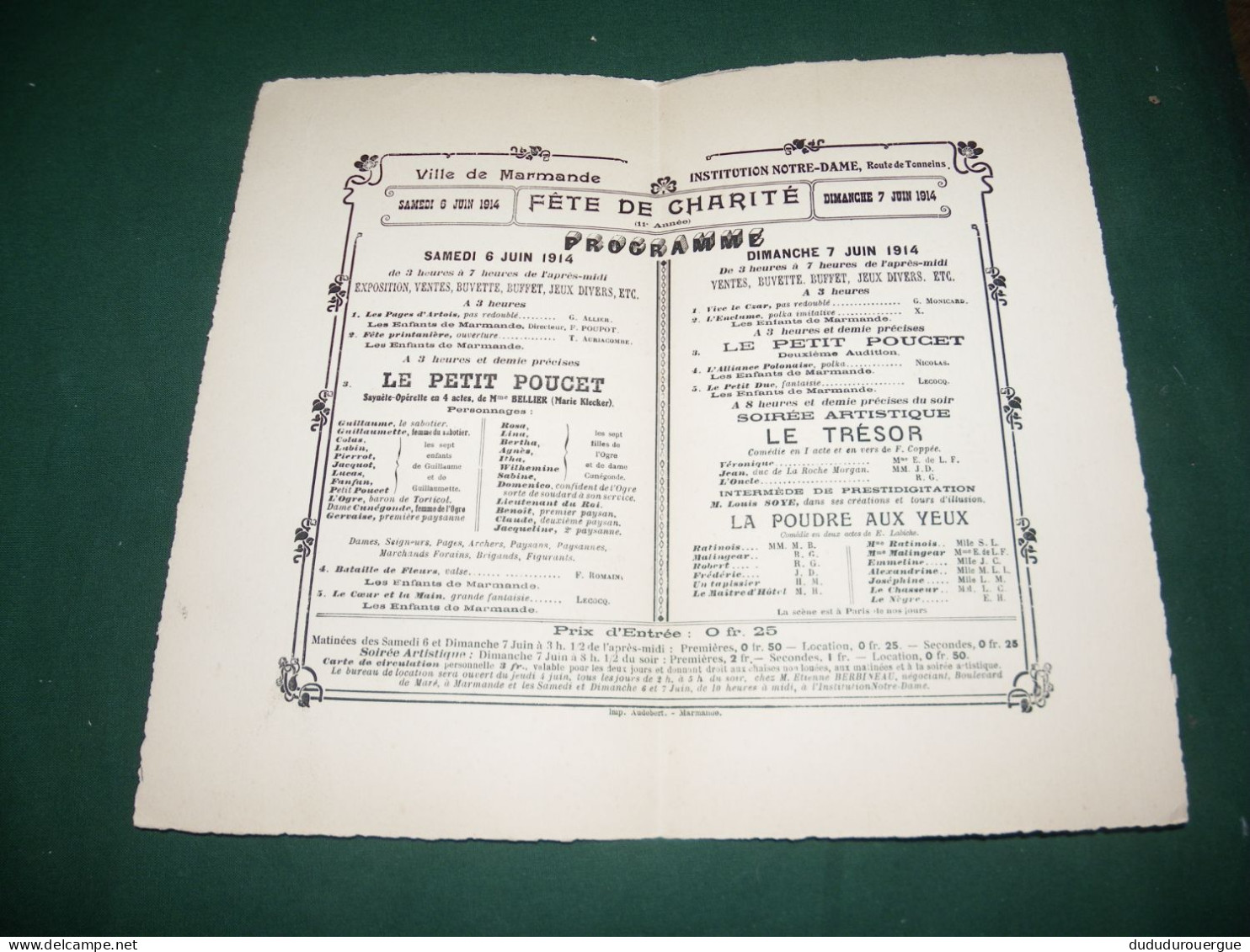 MARMANDE 1914 , FETE  DE CHARITE , INSTITUTION NOTRE - DAME , LE PROGRAMME - Programma's