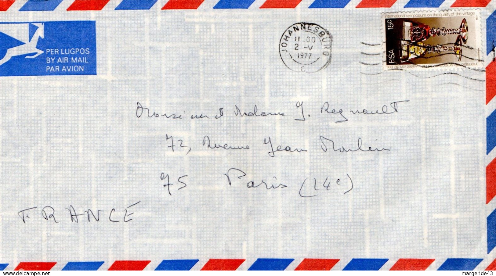 AFRIQUE DU SUD SEUL SUR LETTRE POUR LA FRANCE 1977 - Storia Postale