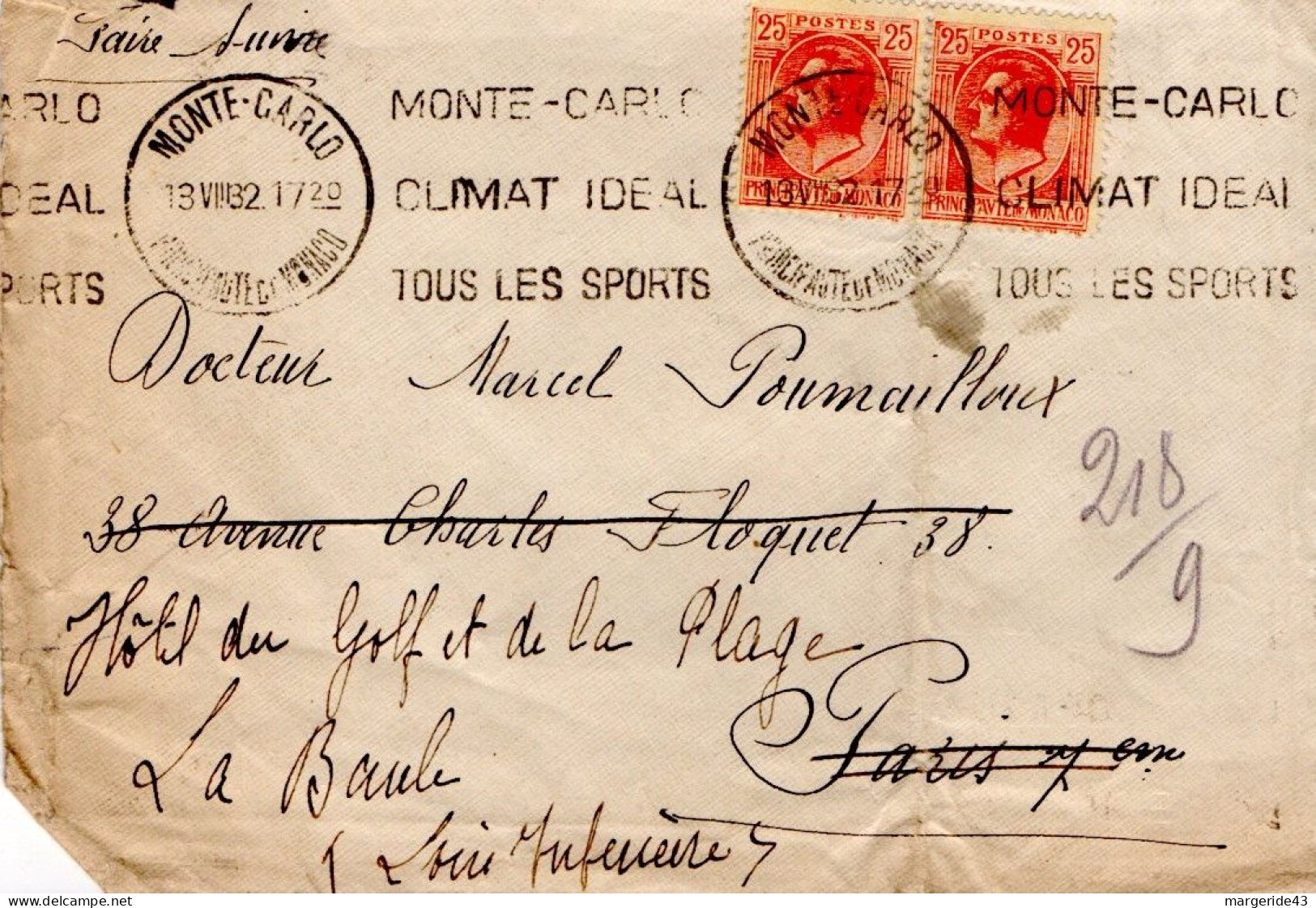 MONACO AFFRANCHISSEMENT COMPOSE SUR LETTRE POUR LA FRANCE 1932 - Lettres & Documents