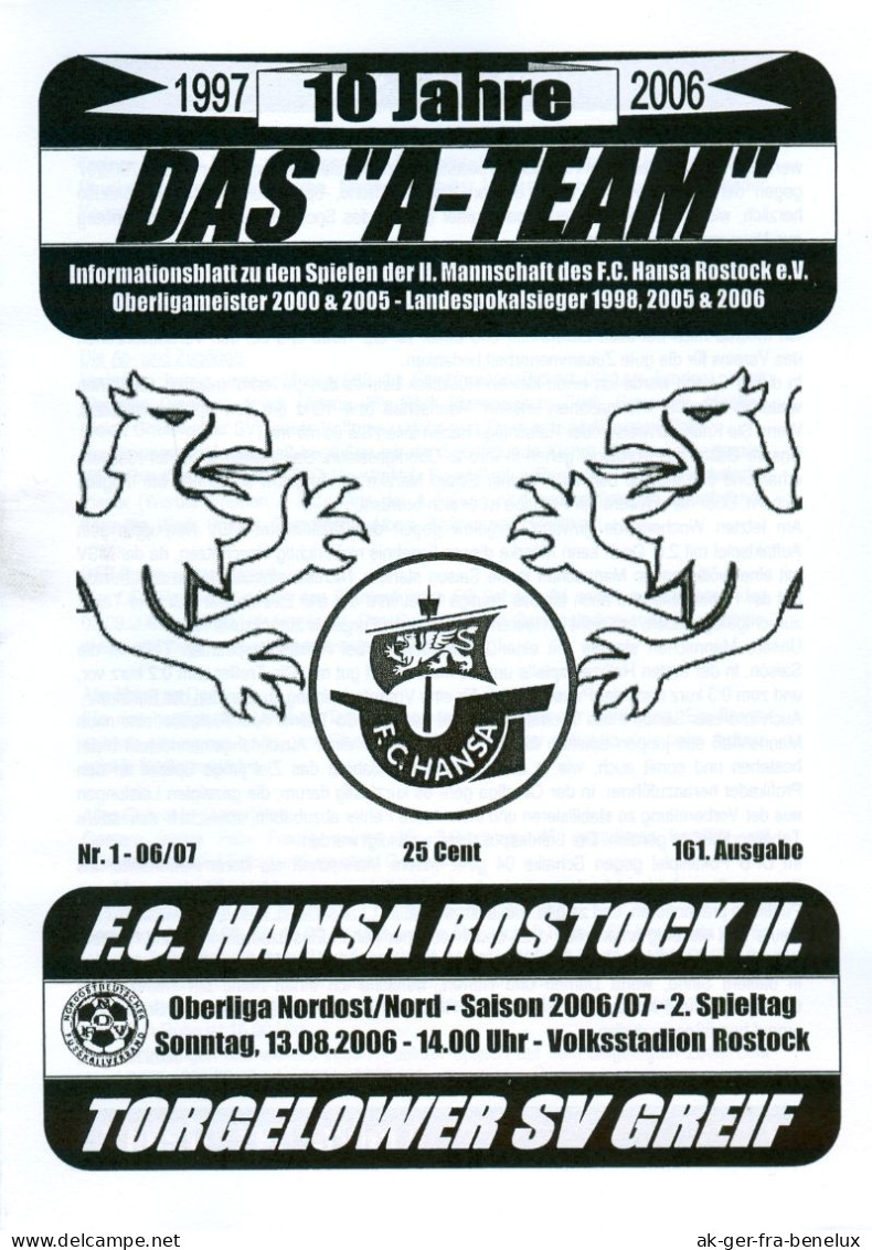 Fußball-Programm PRG FC Hansa Rostock Amateure / II Vs Torgelower SV Greif 13. 8. 2006 BSG Motor Mecklenburg-Vorpommern - Programma's