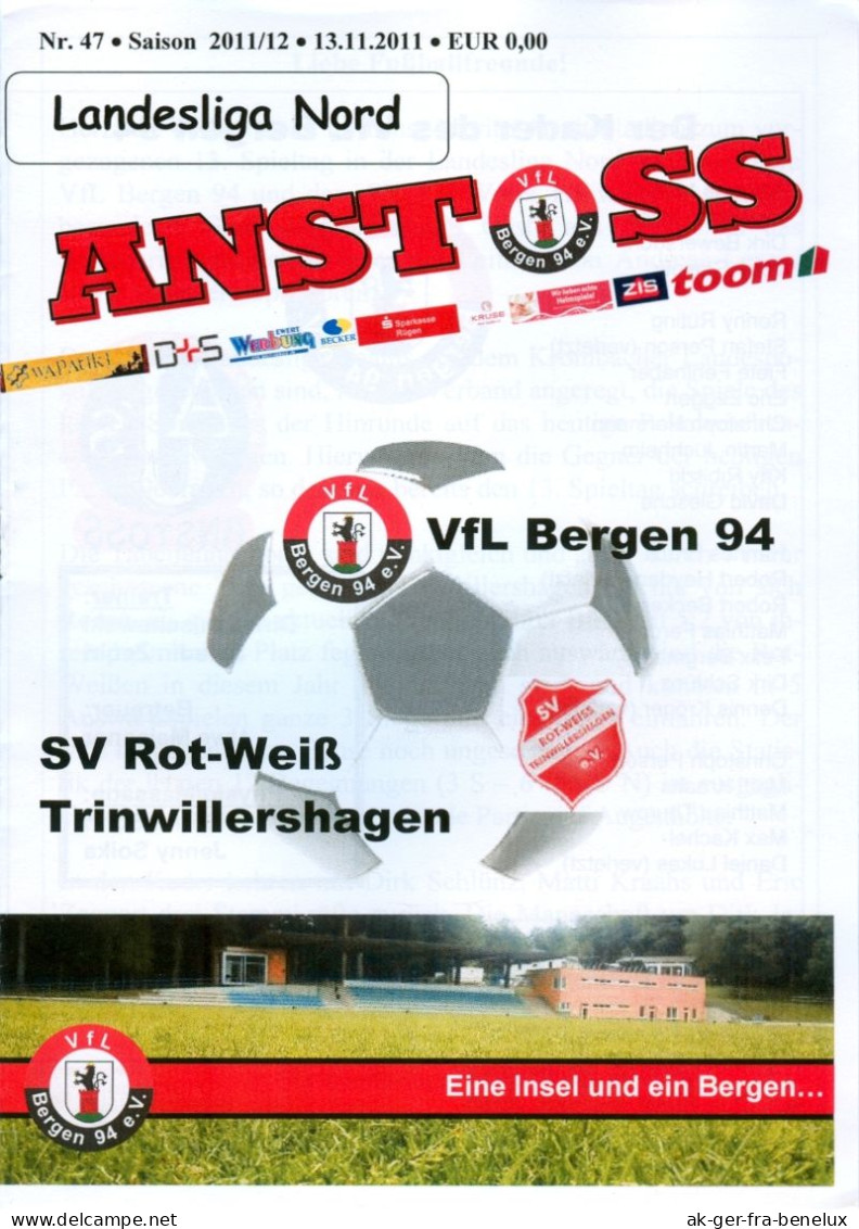 Fußball-Programm PRG VfL Bergen Auf Rügen 94 Vs SV Rot-Weiß Trinwillershagen 13. 11. 2011 RW BSG Rotes Banner Lok ESV - Programma's