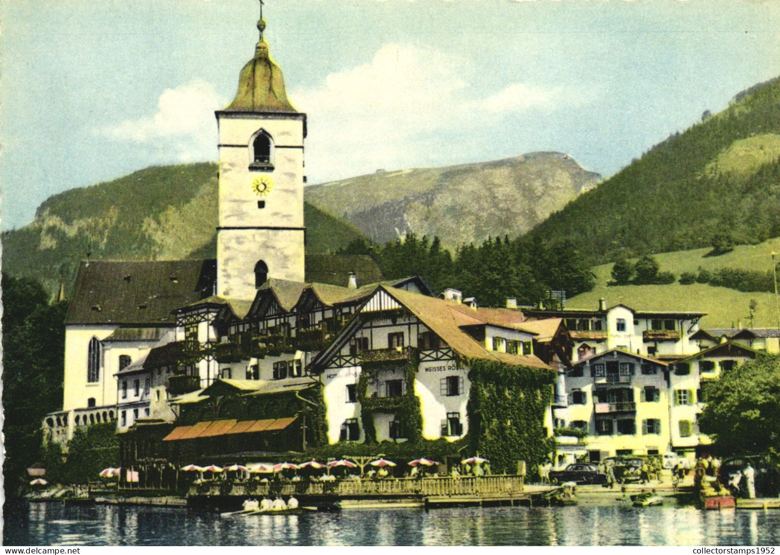 ST WOLFGANG, SCHAFBERG, MOUNTAIN, ARCHITECTURE, HOTEL, CHURCH, TOWER WITH CLOCK, UMBRELLA, BOAT, AUSTRIA, POSTCARD - St. Wolfgang