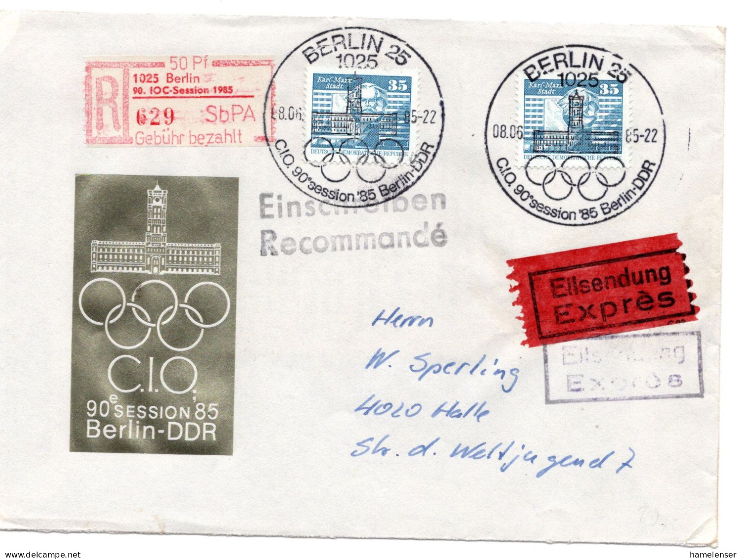 62977 - DDR - 1985 - 2@35Pfg Kl Bauten MiF M SbPA-R-Zettel "90.IOC-Session" A R-EilBf BERLIN - 90. SESSION -> HALLE - Sonstige & Ohne Zuordnung