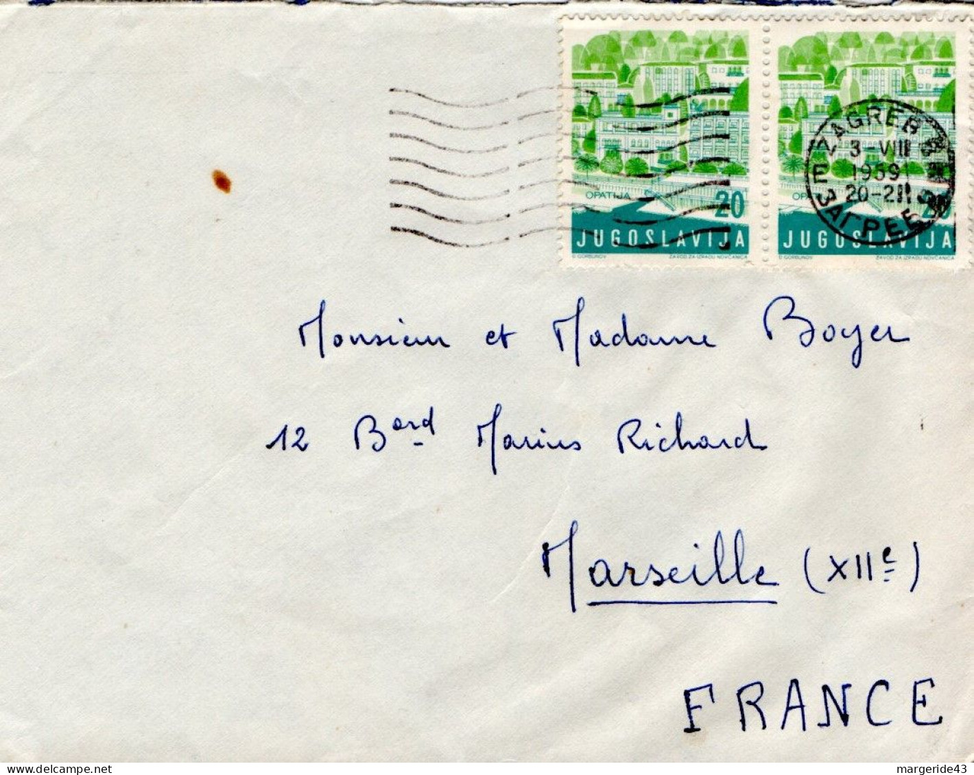 YOUGOSLAVIE AFFRANCHISSEMENT COMPOSE SUR LETTRE POUR LA FRANCE 1959 - Cartas & Documentos