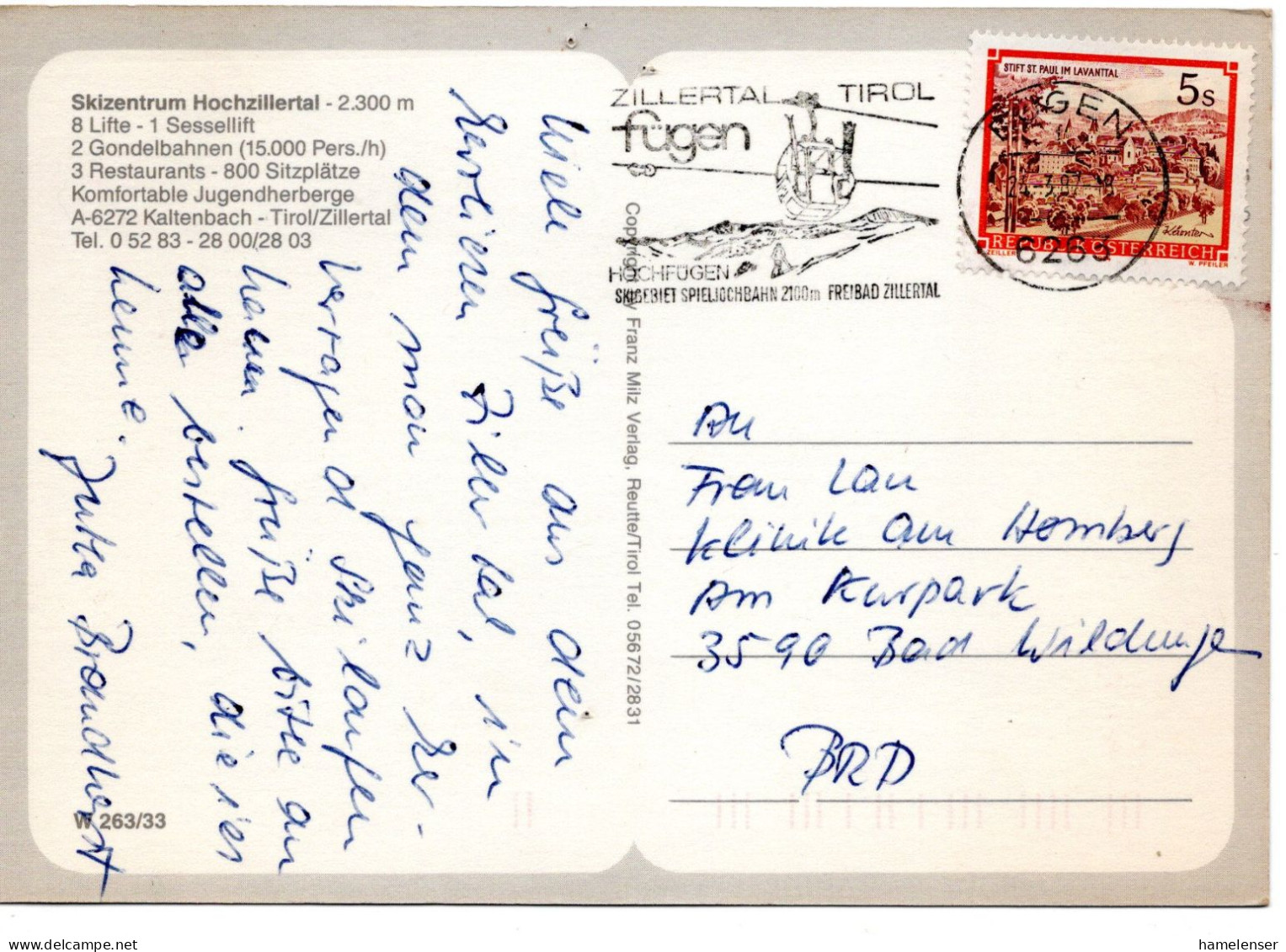 62979 - Österreich - 1987 - S5 Stift St Paul EF A AnsKte FUEGEN - ... SKIGEBIET SPIELJOCHBAHN ... -> Westdeutschland - Briefe U. Dokumente