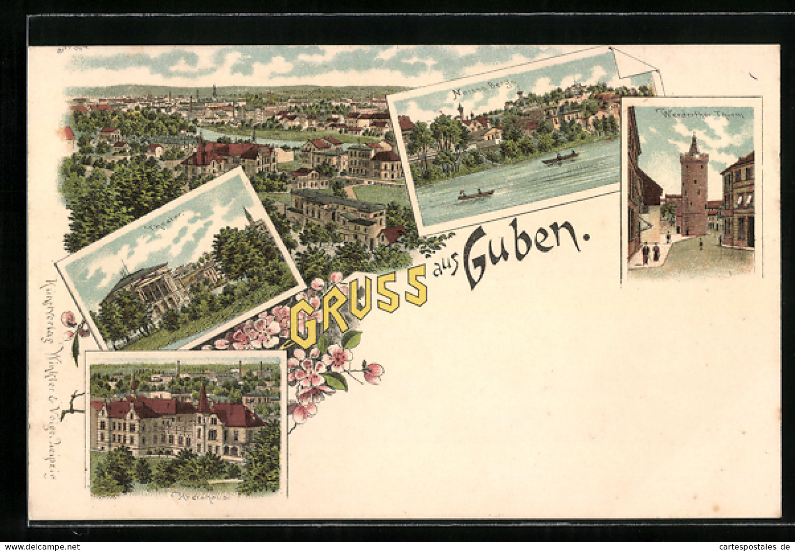 Lithographie Guben, Ortsansicht Aus Der Vogelschau, Weisse Berge, Kreishaus  - Guben