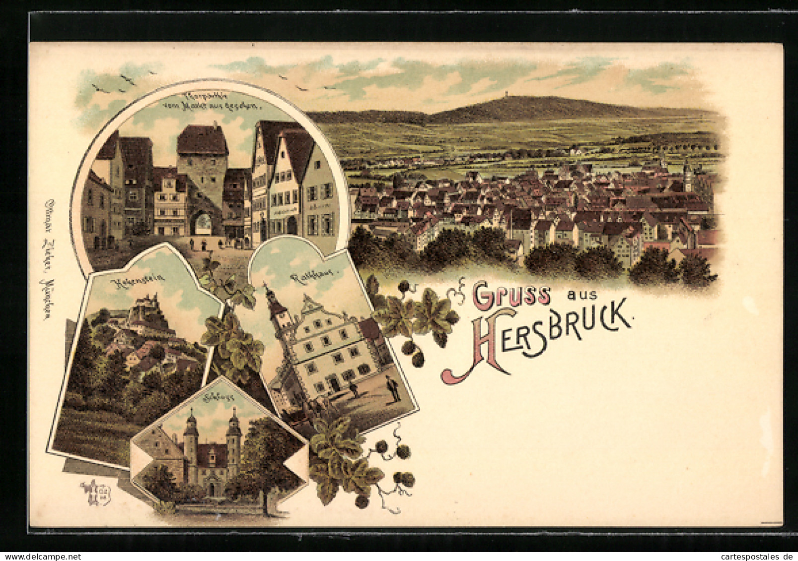 Lithographie Hersbruck, Blick Auf Schloss, Rathaus, Thor Und Hohenstein, Ortsansicht  - Hersbruck