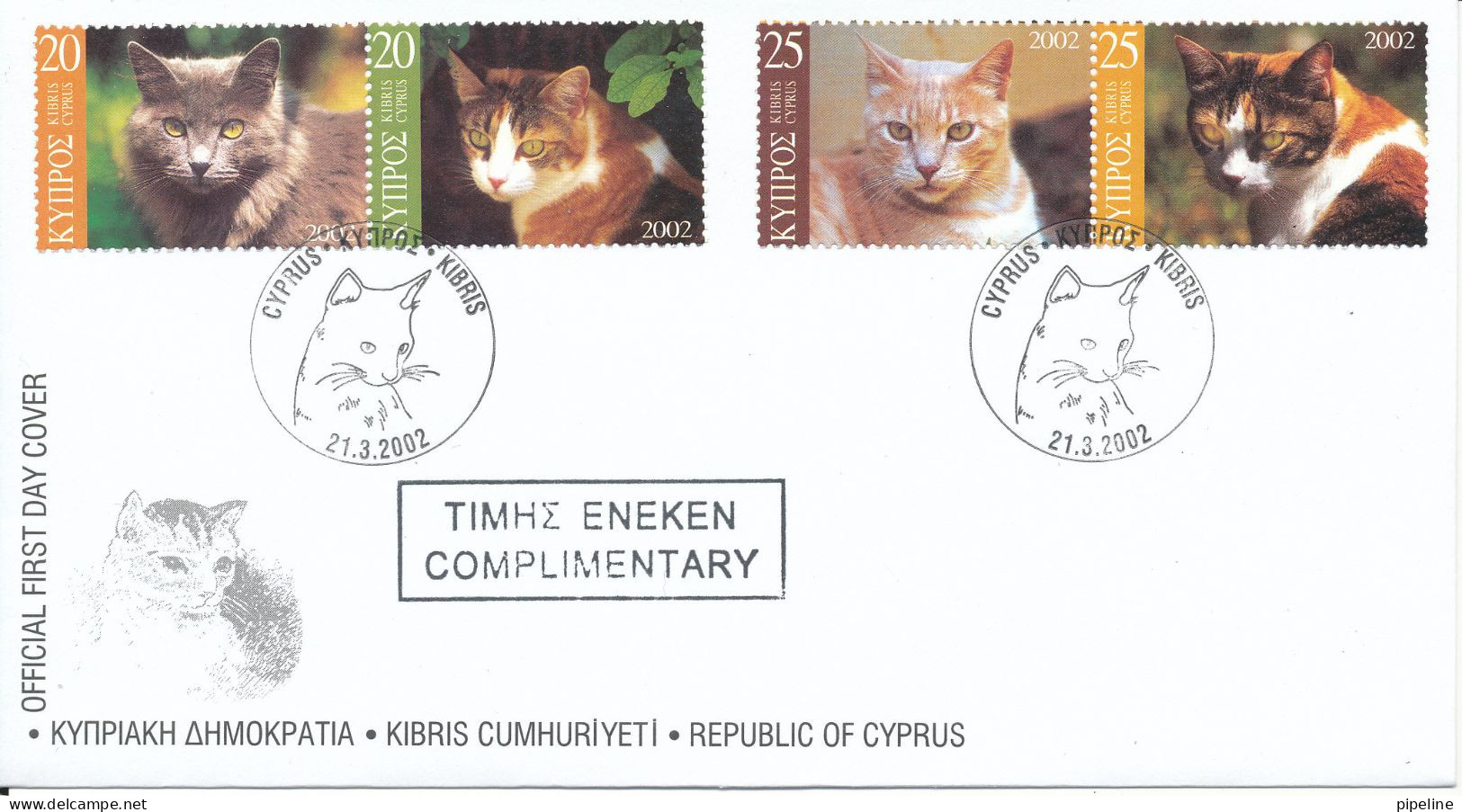 Cyprus Republic FDC 21-3-2002 CATS Complete Set Of 4 With Cachet - Brieven En Documenten