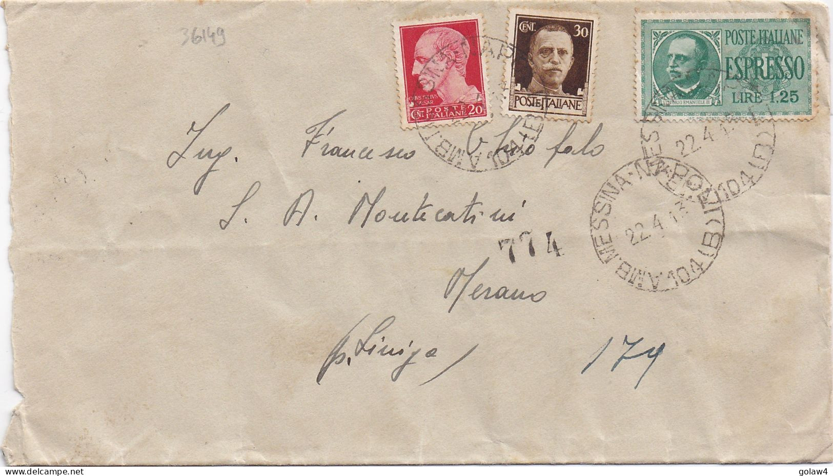 36149# LETTRE ESPRESSO Obl AMB. MESSINA NAPOLI 104 (B) 1943 MERANO - Express Mail