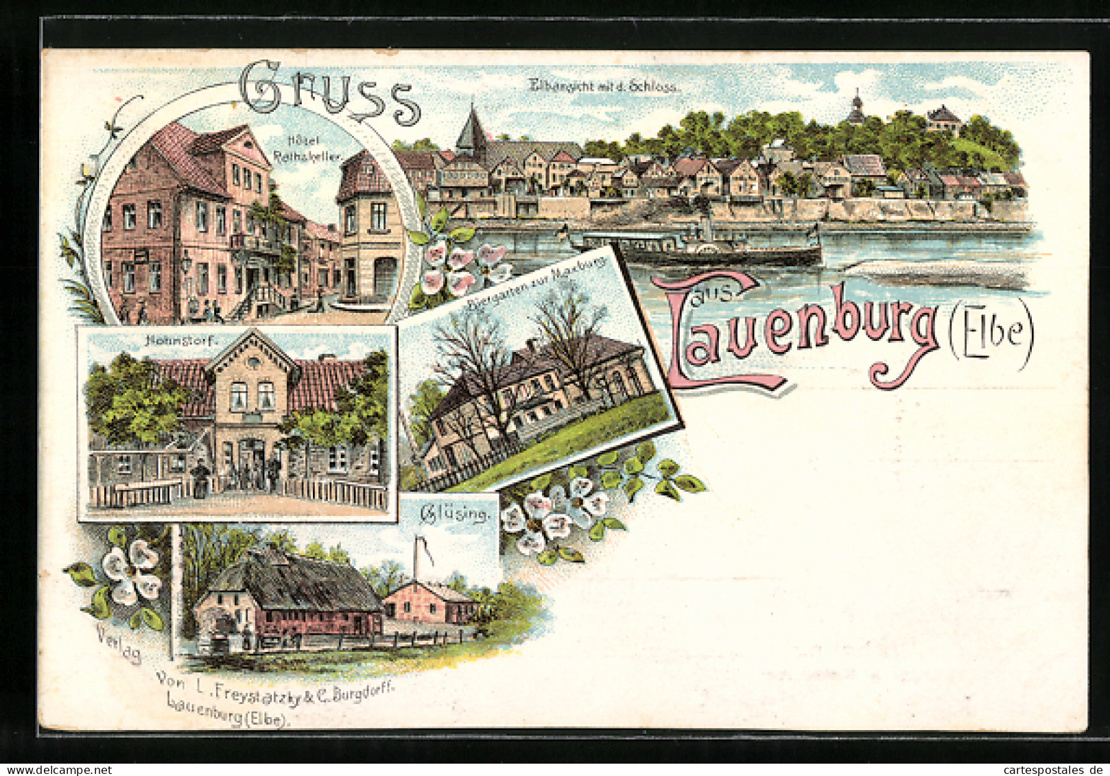 Lithographie Lauenburg / Elbe, Hotel Rathskeller, Hohnstorf, Gasthaus Biergarten Zur Maxburg  - Lauenburg