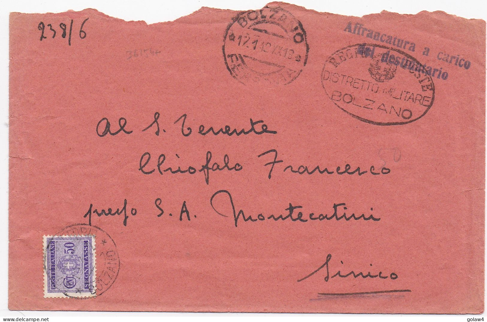 36154# LETTRE TAXE SEGNATASSE AFFRANATURA A CARICO DEL DESTINATARIO DISTRTTO MILITARE BOLZANO 1942 - Segnatasse