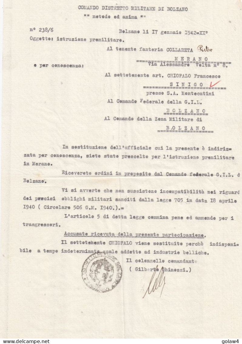 36154# LETTRE TAXE SEGNATASSE AFFRANATURA A CARICO DEL DESTINATARIO DISTRTTO MILITARE BOLZANO 1942 - Taxe