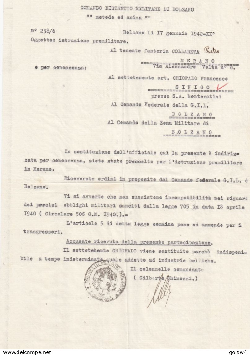 36154# LETTRE TAXE SEGNATASSE AFFRANATURA A CARICO DEL DESTINATARIO DISTRTTO MILITARE BOLZANO 1942 - Segnatasse