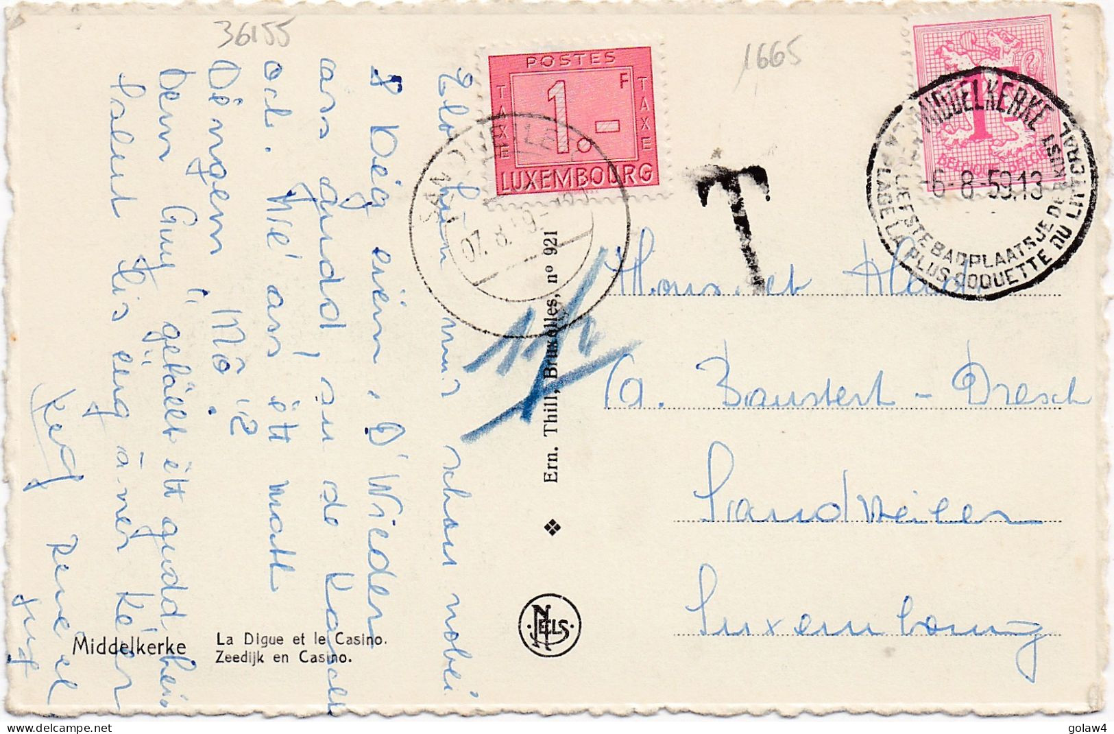 36155# CARTE POSTALE DIGUE CASINO Obl MIDDELKERKE 1959 TAXE LUXEMBOURG SANDWEILER - Segnatasse