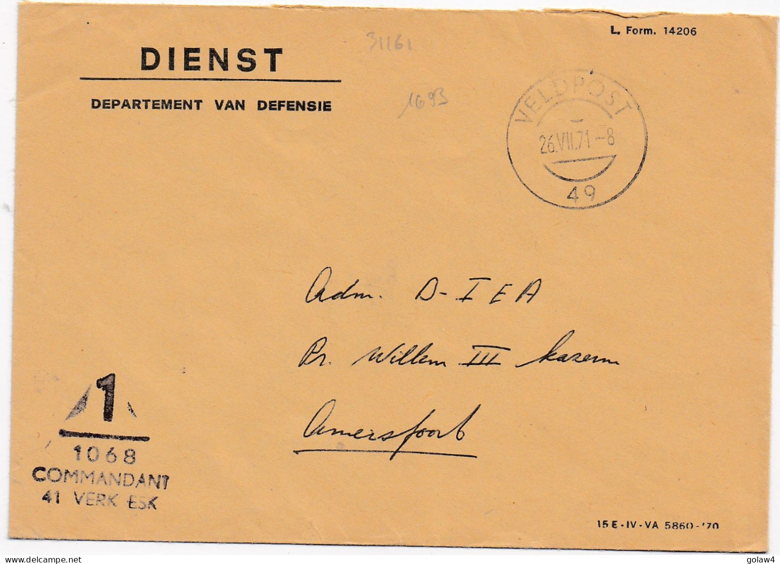 36161# LETTRE DIENST DEPARTEMENT VAN DEFENSIE 1 1068 COMMANDANT 41 VERK ESK Obl VELDPOST 49 1971 - Lettres & Documents