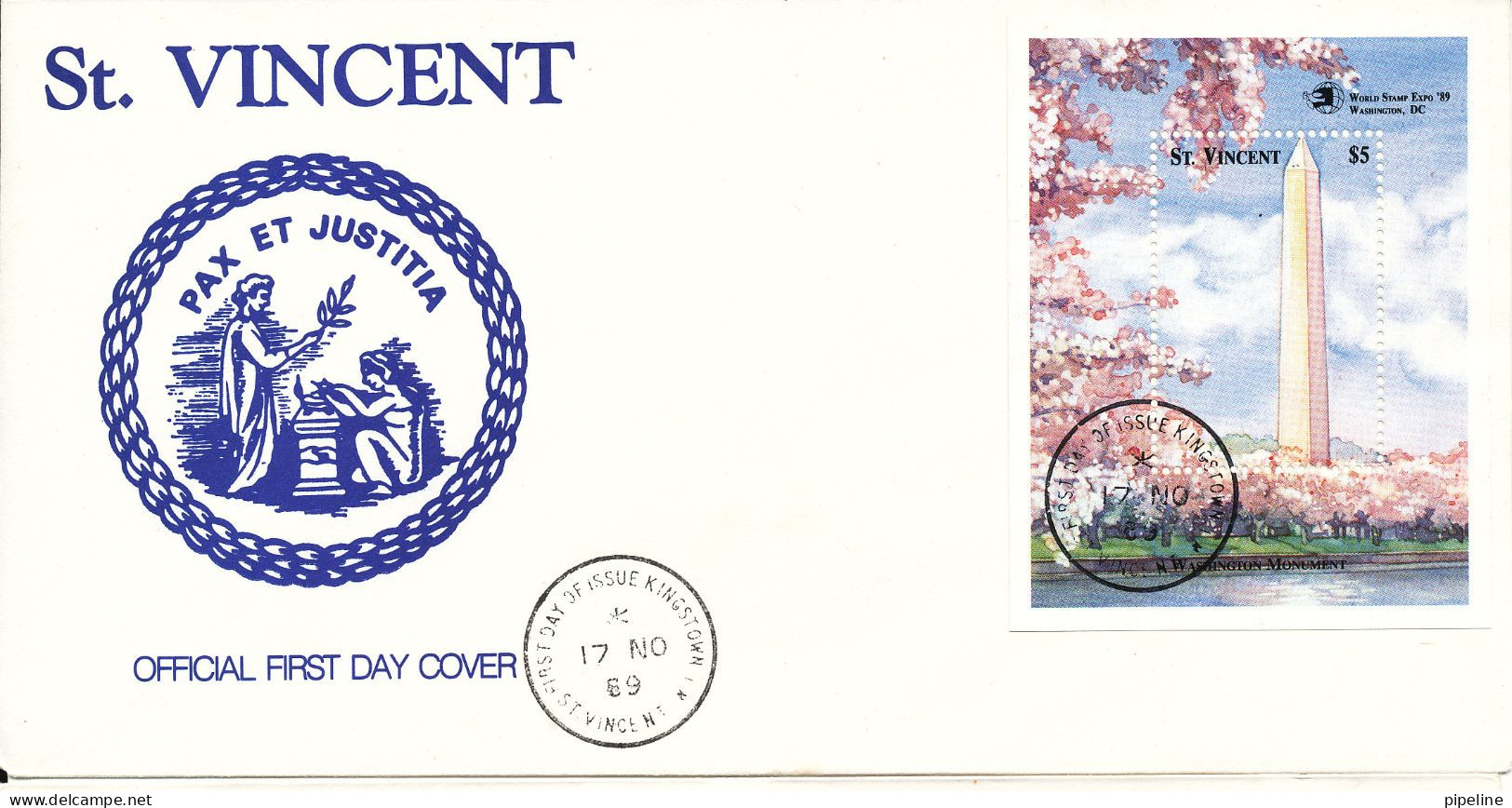 St. Vincent FDC 17-11-1989 World Stamp Expo 89 Washington Souvenir Sheet With Cachet - St.Vincent (1979-...)