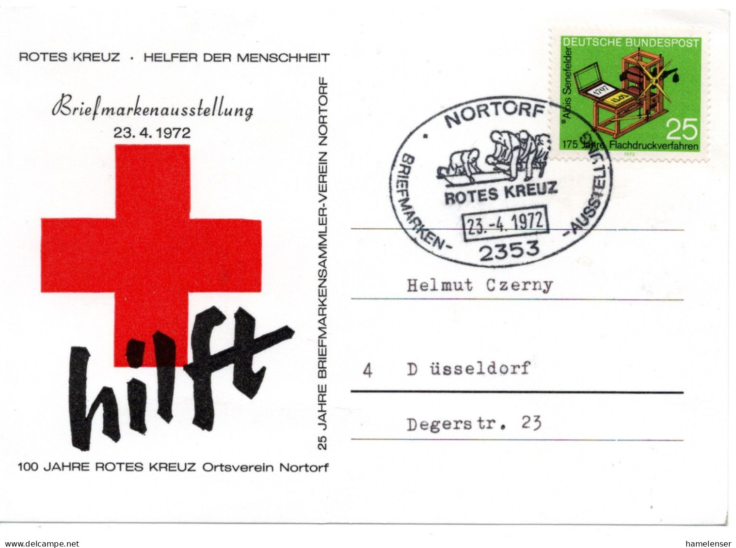 63003 - Bund - 1972 - 25Pfg Flachdruck EF A SoKte SoStpl NORTORF - BRIEFMARKEN-AUSSTELLUNG ROTES KREUZ -> Duesseldorf - Rotes Kreuz