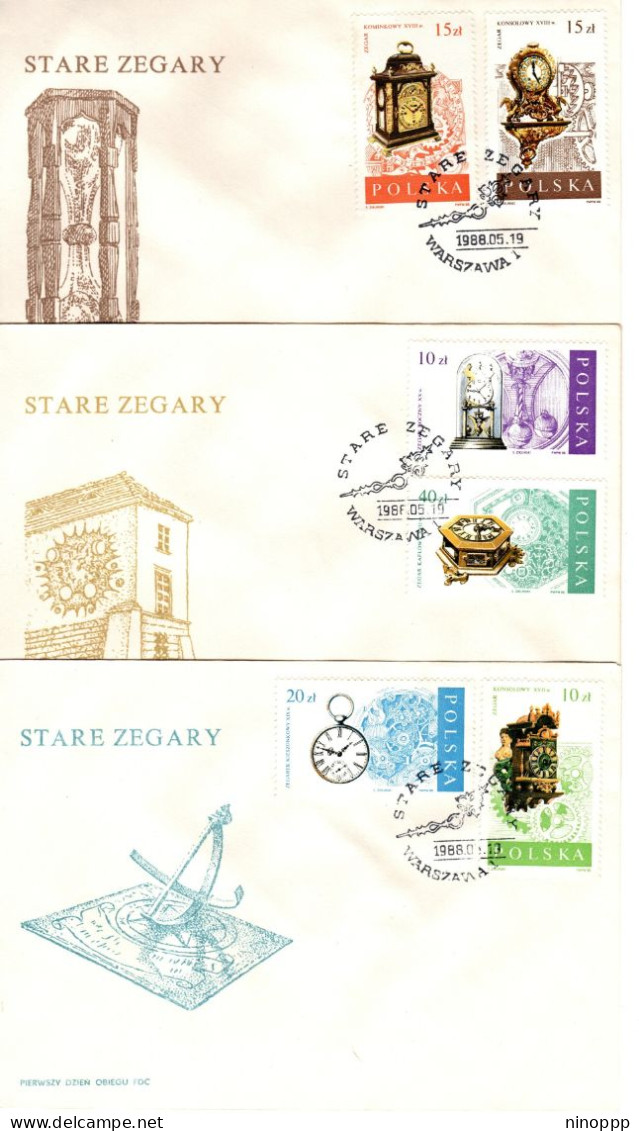 Poland 1988 Antique Clocks Set 3 First Day Covers - FDC
