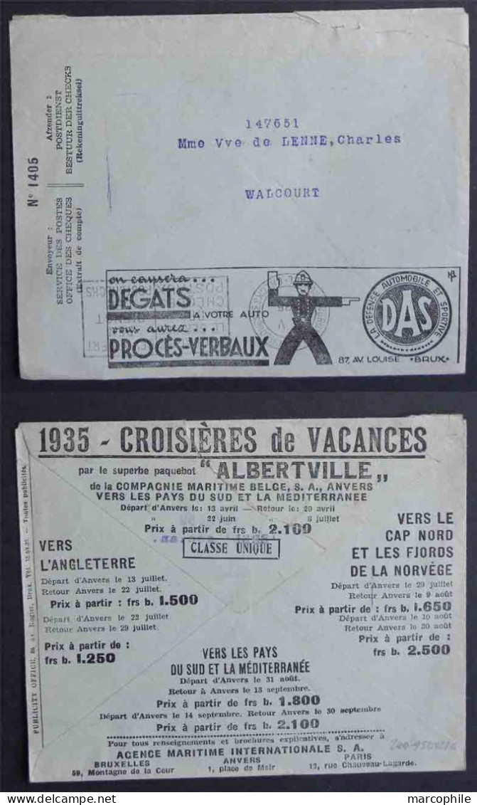 POLICE - CROISIERE - PAQUEBOT - AUTOMOBILE - ASSURANCES/ 1935 ENVELOPPE CCP BELGE EN FRANCHISE AVEC PUBLICITE (ref 1125) - Politie En Rijkswacht