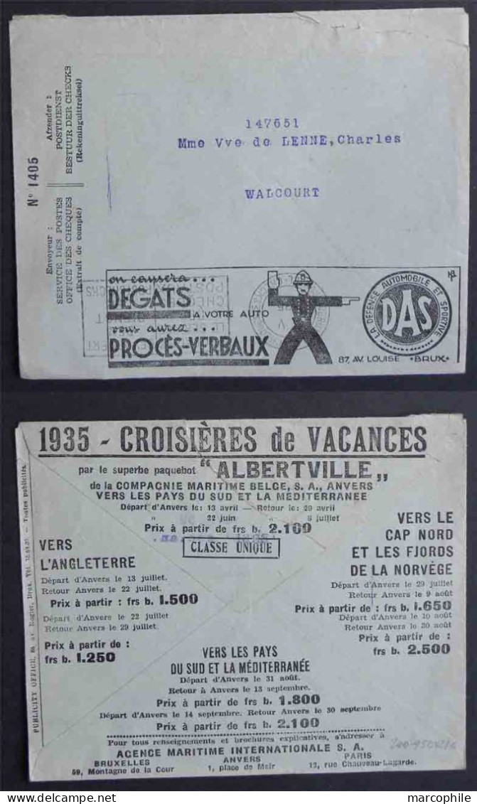 POLICE - CROISIERE - PAQUEBOT - AUTOMOBILE - ASSURANCES/ 1935 ENVELOPPE CCP BELGE EN FRANCHISE AVEC PUBLICITE (ref 1125) - Police - Gendarmerie