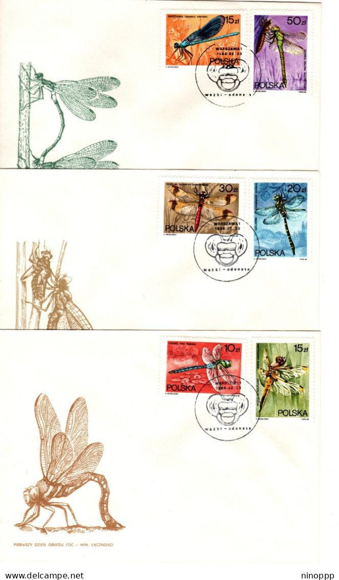 Poland 1988 Dragonflies Set 3 First Day Covers - FDC