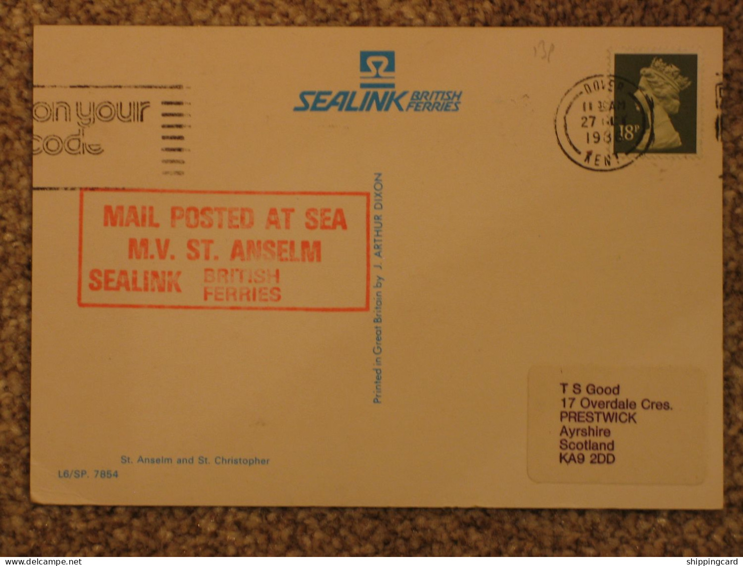 SEALINK ST ANSELM POSTED AT SEA HANDSTAMP ON OFFICIAL CARD - Ferries