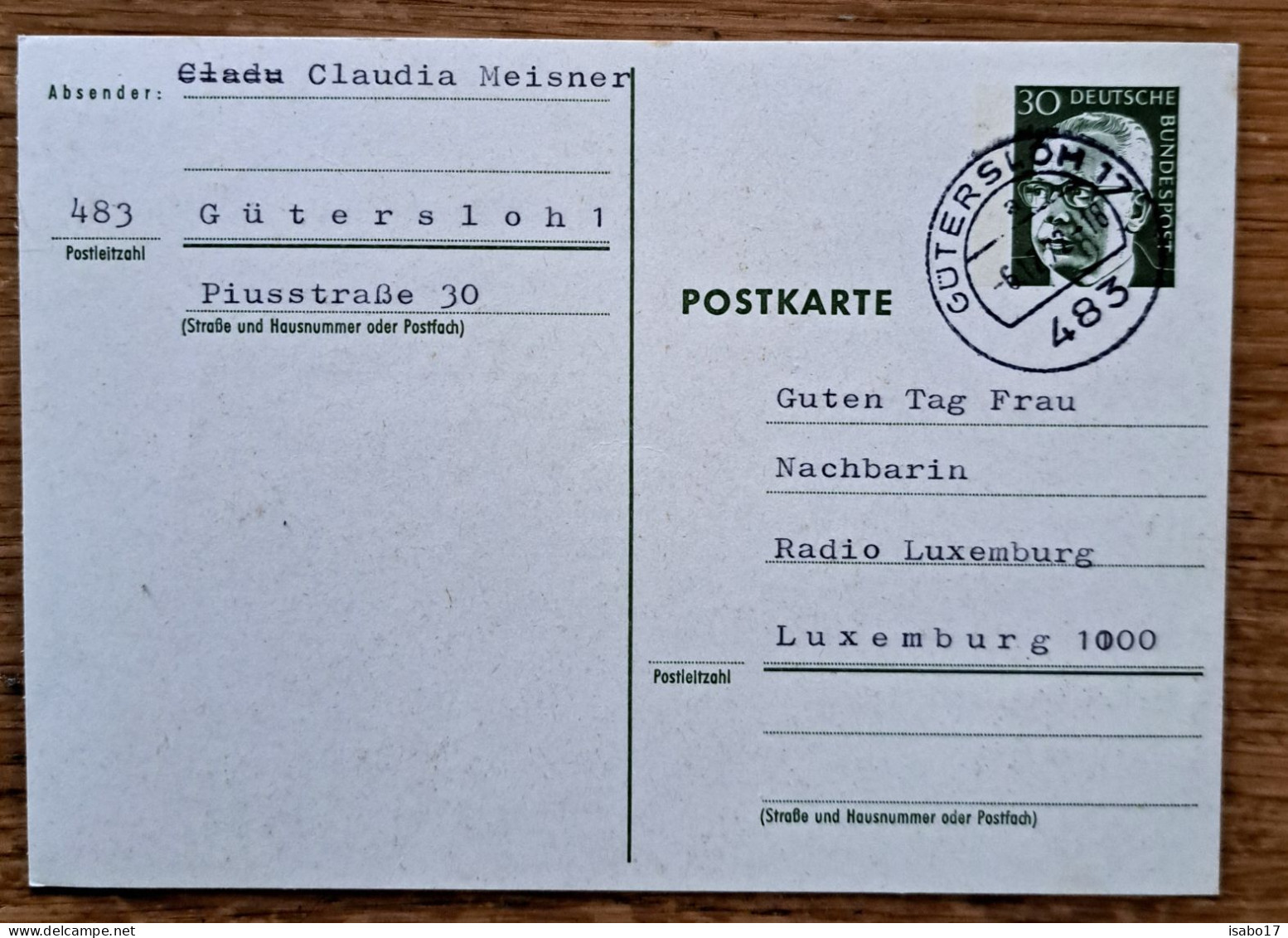 Postkarte 30 Pfennig Gesendet An Radio Luxemburg 1972 - Cartes Postales - Oblitérées