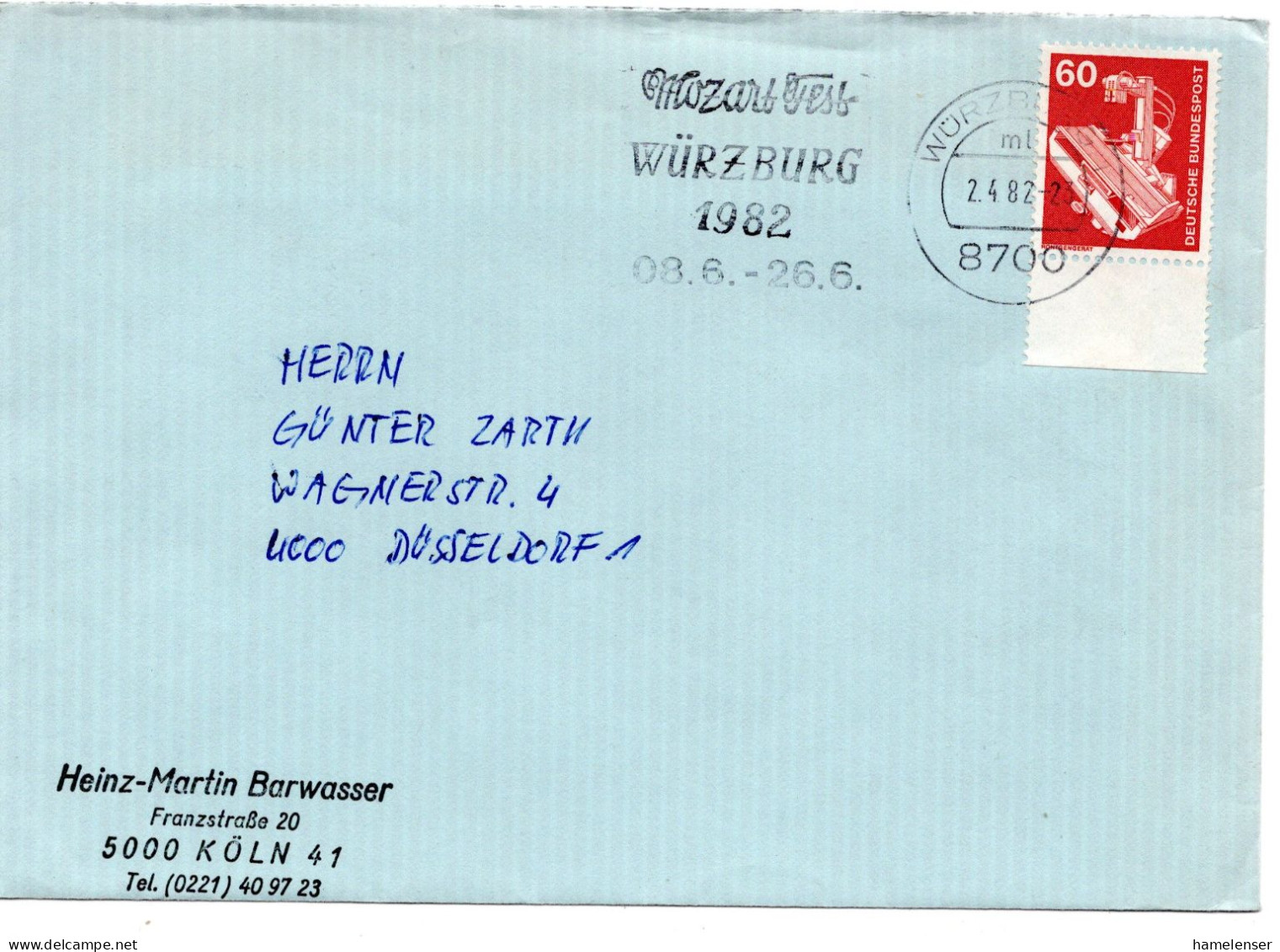 63007 - Bund - 1982 - 60Pfg I&T EF A Bf WUERZBURG - MOZART-FEST ... -> Duesseldorf - Música