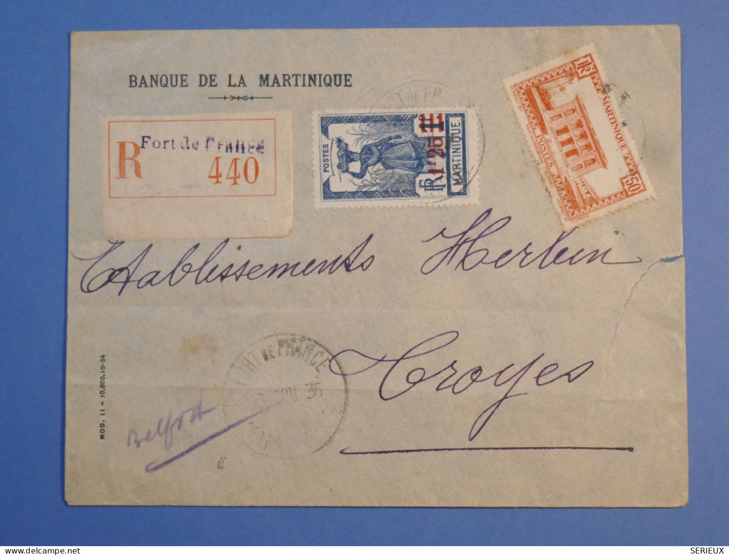 DK 12 MARTINIQUE   BELLE LETTRE   RECO 1935 FORT DE FRANCE A TROYES ++AFF. INTERESSANT++++ + - Cartas & Documentos