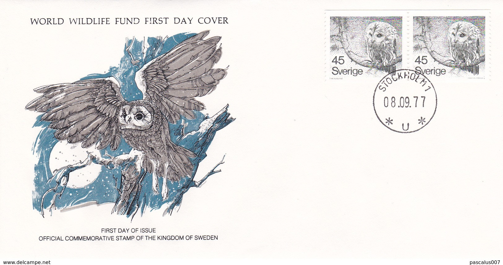 20,0058 Enveloppe FDC 1er Jour 58      WWF  Strix Aluco Hibou Fauve Sverige Suede Zweden 1977-9-8 Bosuil   Tirage Oplaag - FDC