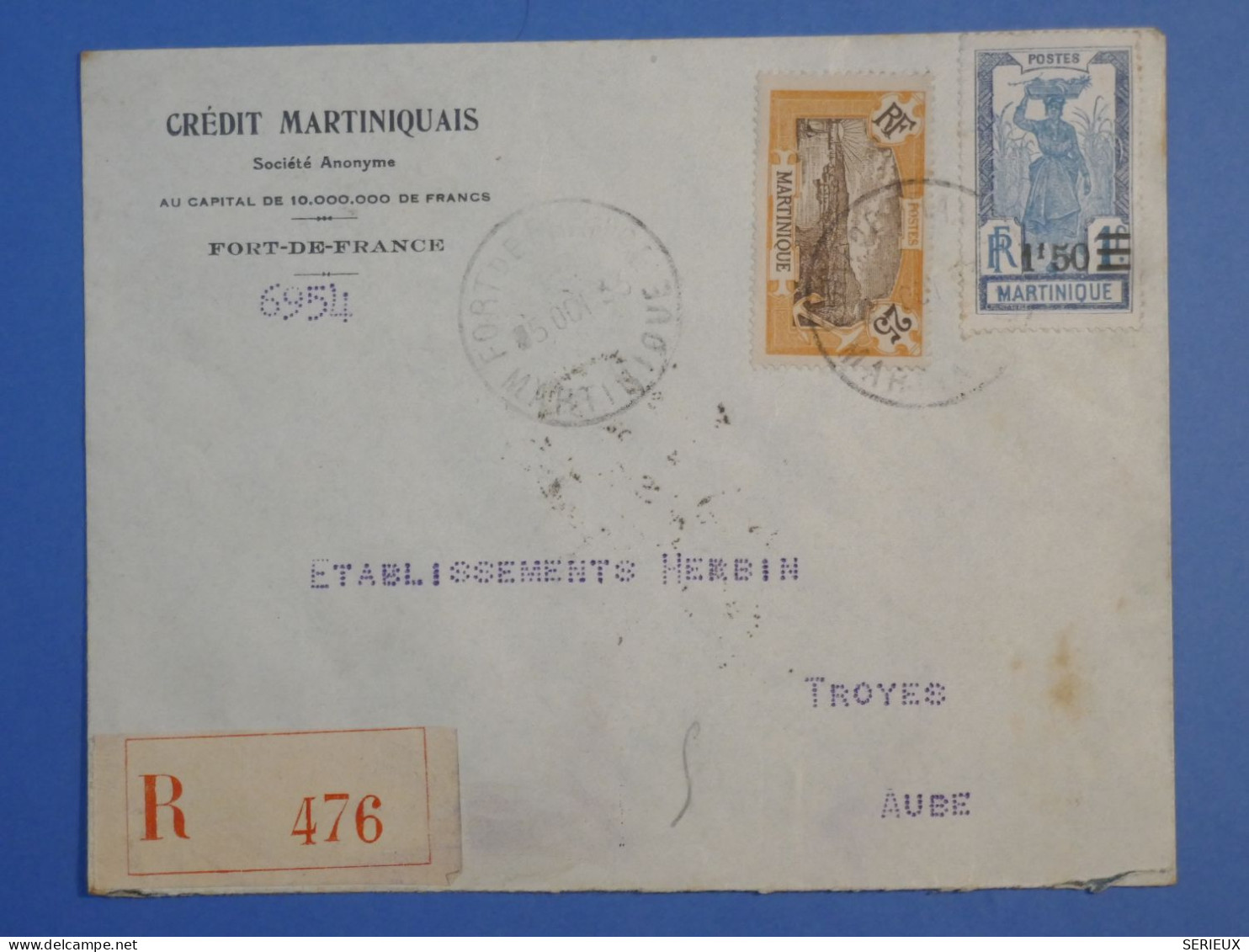 DK 12 MARTINIQUE   BELLE LETTRE  RECO   BANQUE 1935 A TROYES  FRANCE ++AFF. INTERESSANT++++ + - Storia Postale