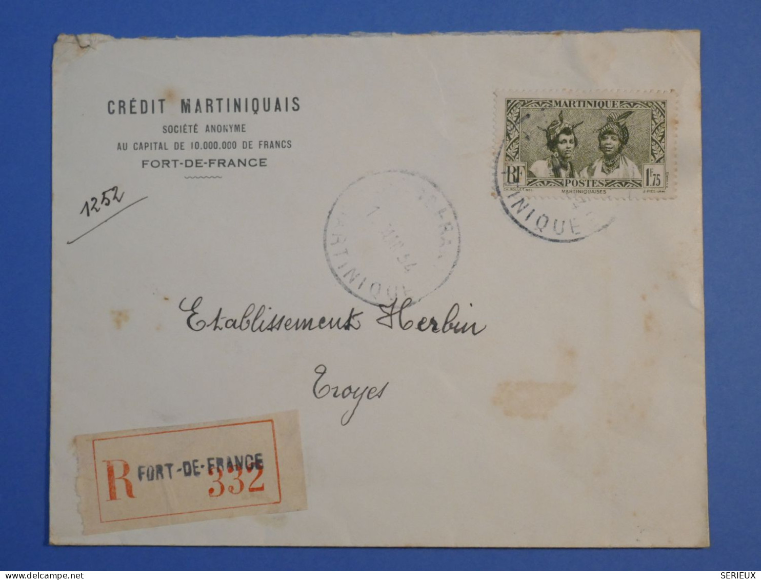DK 12 MARTINIQUE   BELLE LETTRE  RECO   BANQUE 1935 A TROYES  FRANCE ++AFF. INTERESSANT++++ + - Briefe U. Dokumente