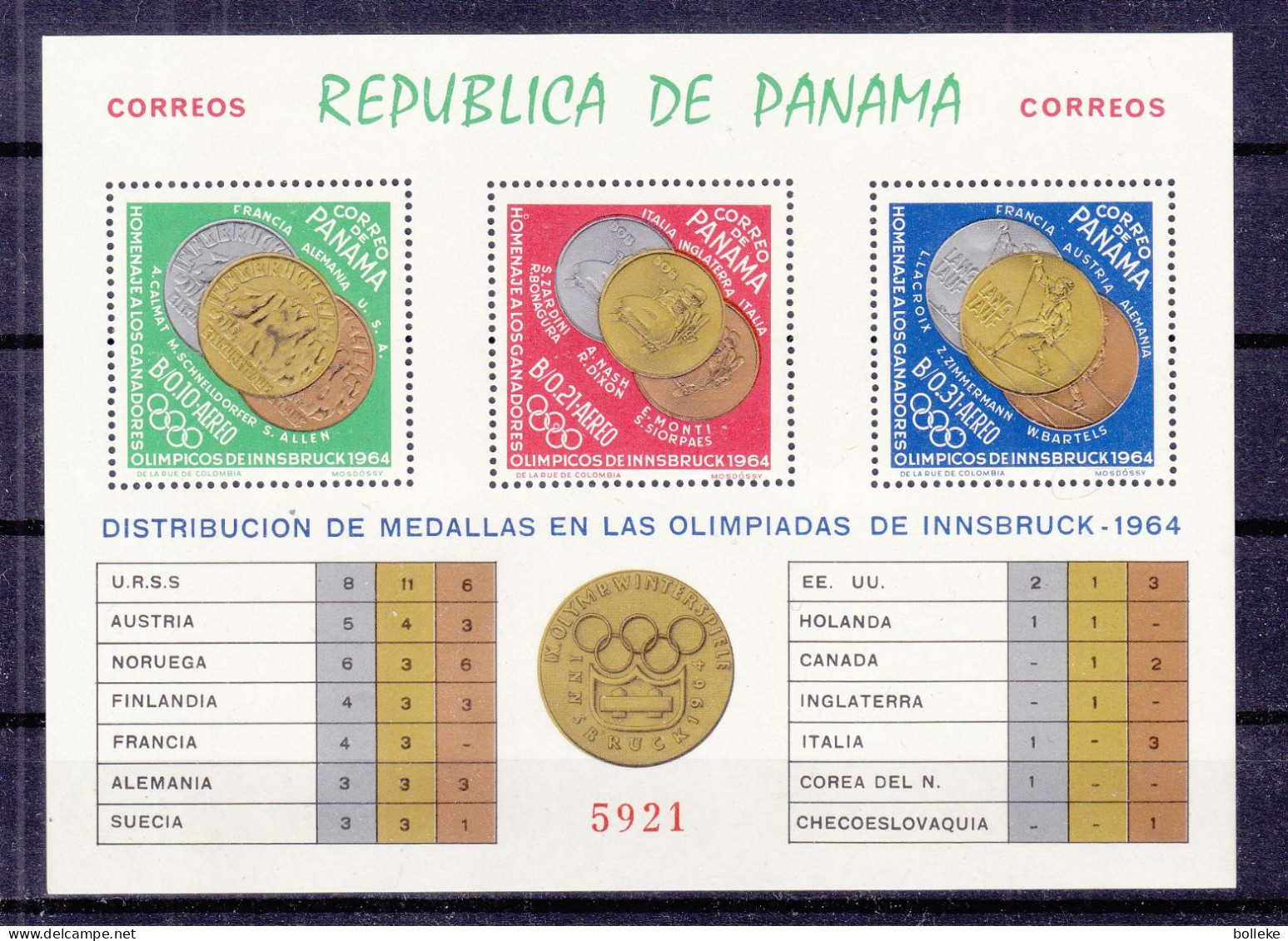 Jeux Olympiques - Innsbruck 64 - Panama - Michel BF 28 ** - Médailles - Valeur 22,00 Euros - Invierno 1964: Innsbruck