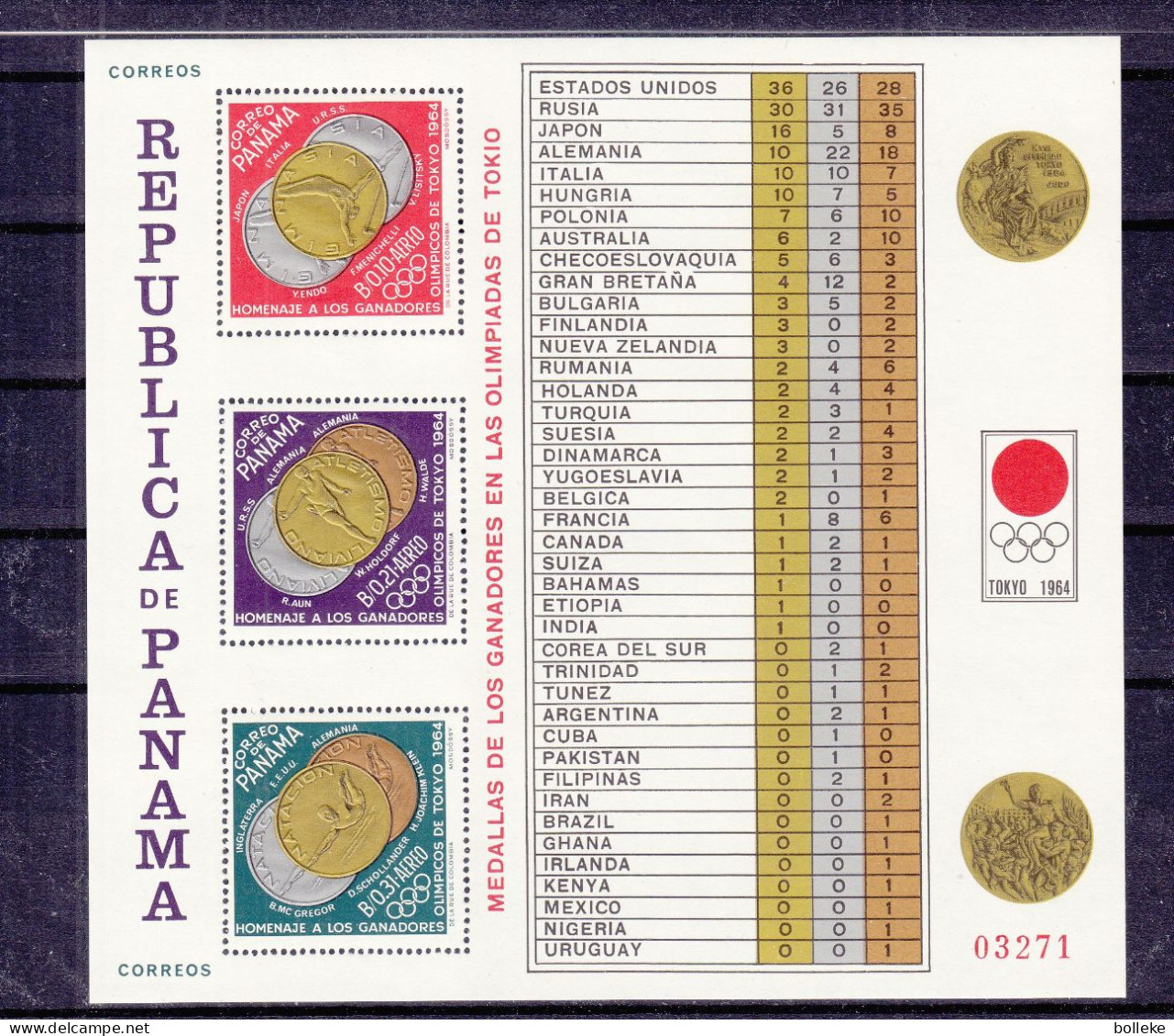 Jeux Olympiques - Tokyo 64 - Panama - Michel BF 31 ** - GF - Médailles - Valeur 25,00 Euros - Ete 1964: Tokyo