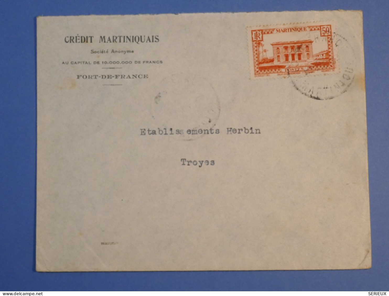 DK 12 MARTINIQUE   BELLE LETTRE     BANQUE 1935 A TROYES  FRANCE ++AFF. INTERESSANT++++ + - Cartas & Documentos