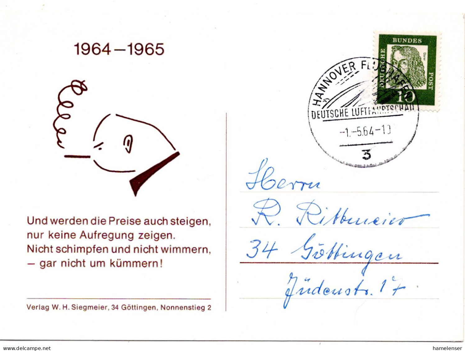 63016 - Bund - 1964 - 10Pfg Duerer EF A AnsKte SoStpl HANNOVER FLUGHAFEN - DEUTSCHE LUFTFAHRTSCHAU -> Goettingen - Brieven En Documenten