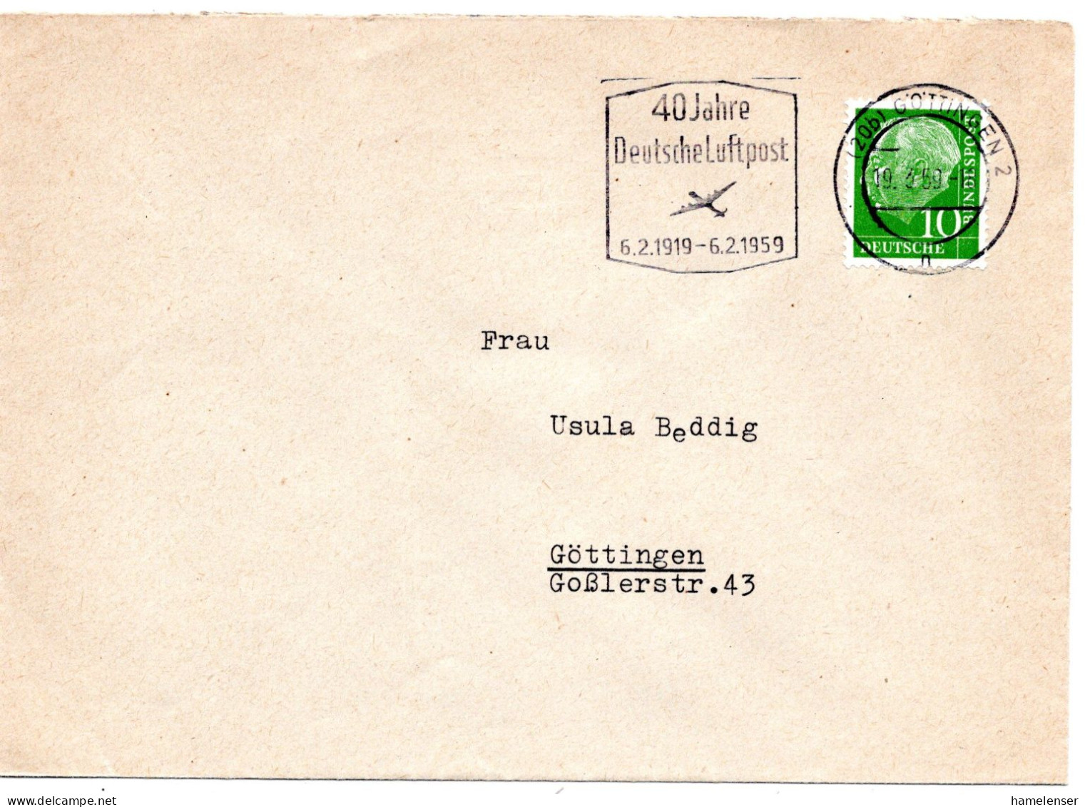 63017 - Bund - 1959 - 10Pfg Heuss I EF A OrtsBf GOETTINGEN - 40 JAHRE DEUTSCHE LUFTPOST ... - Cartas & Documentos