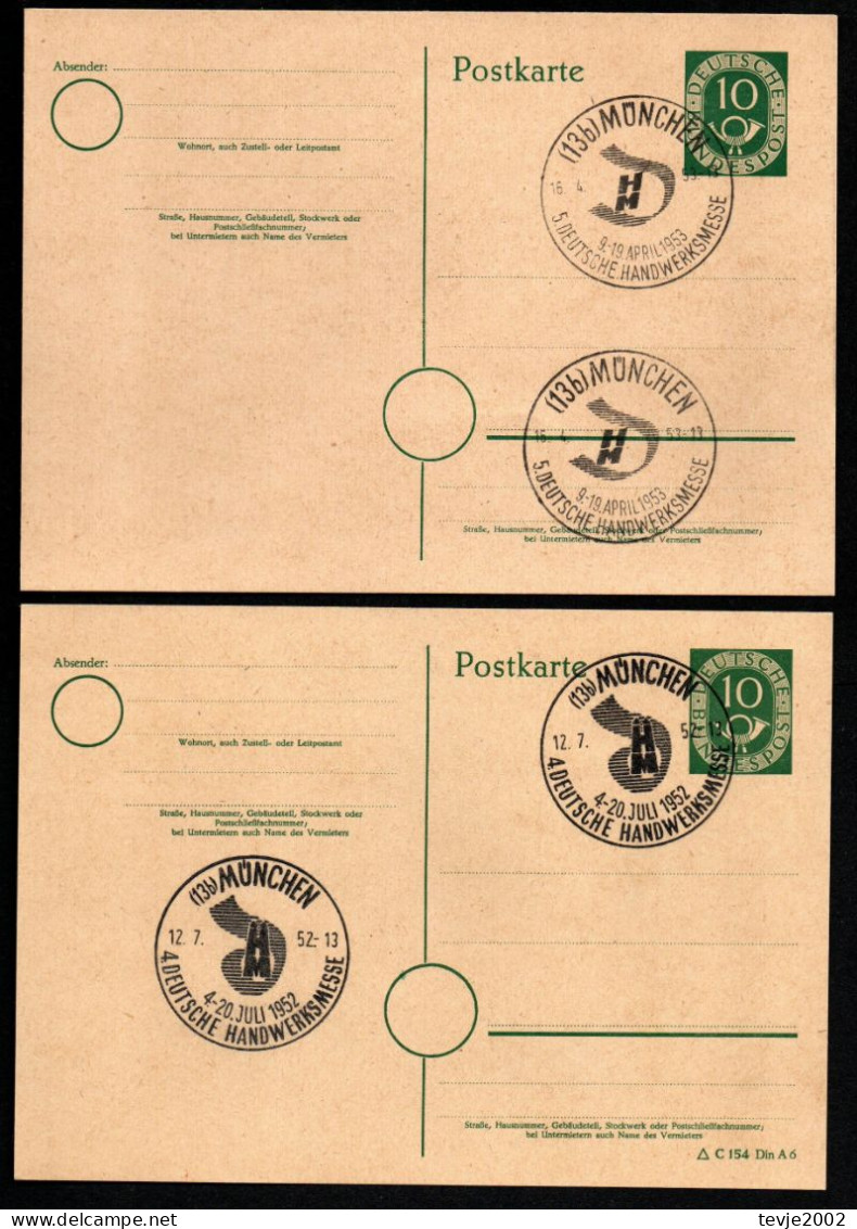 Bund - 2 Ganzsachen Postkarten Mi.Nr. P 12 - Sonderstempel MÜNCHEN Handwerksmesse 1952 + 1953 - Cartoline - Usati