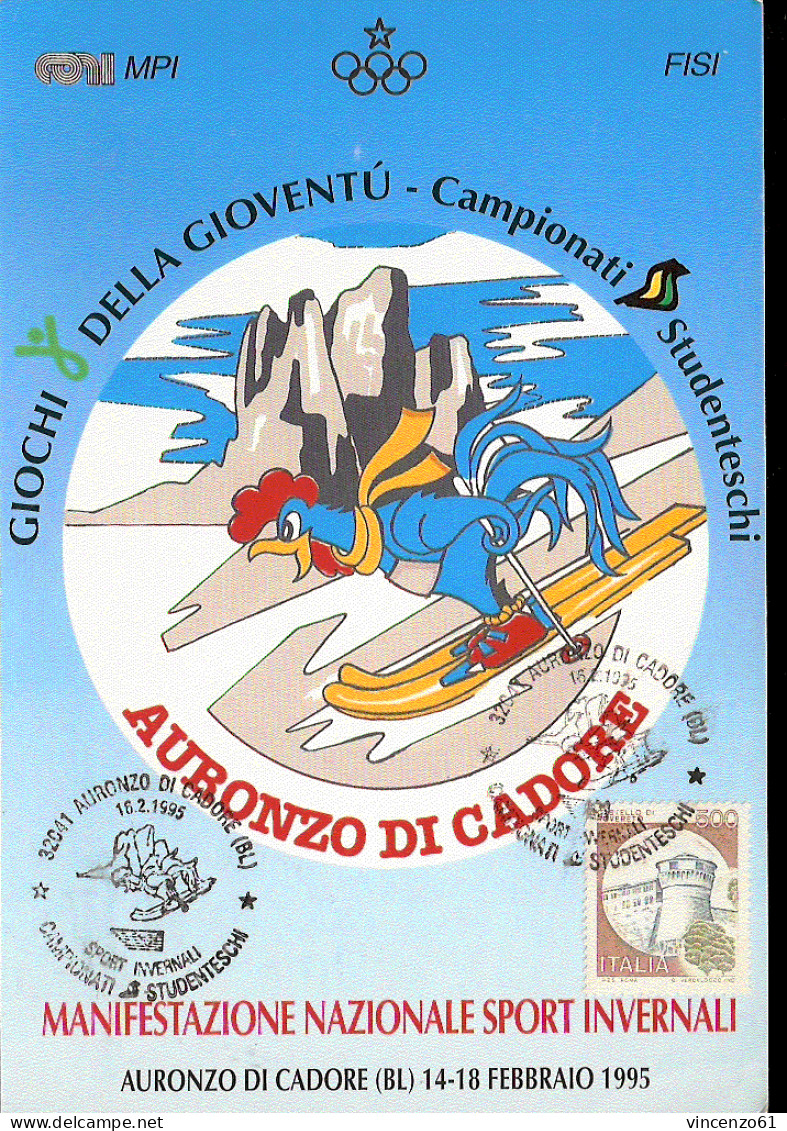 Cartolina Ufficiale Giochi Della Gioventù Sport Invernali Auronzo Di Cadore 1995 Con Annullo A Tema - Sci