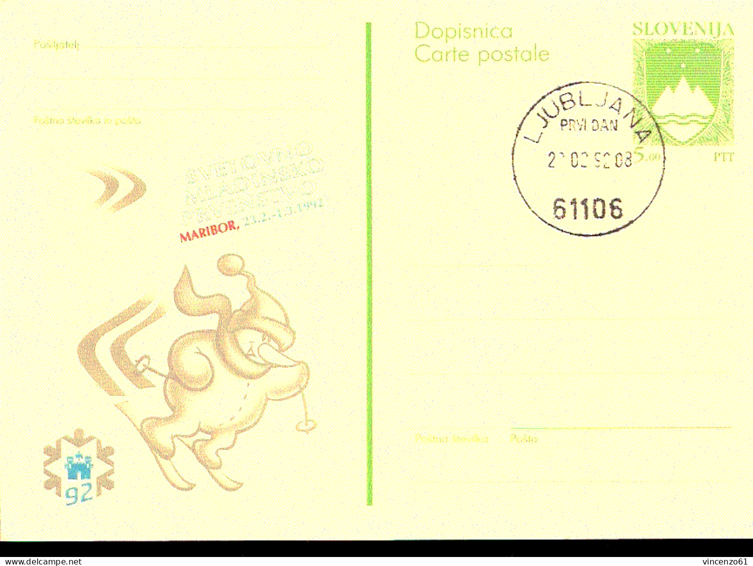 Cartolina Postale Slovenia Con Annullo FDC Per I Mondiali Di Sci Alpino In Slovenia 1992 - Sci