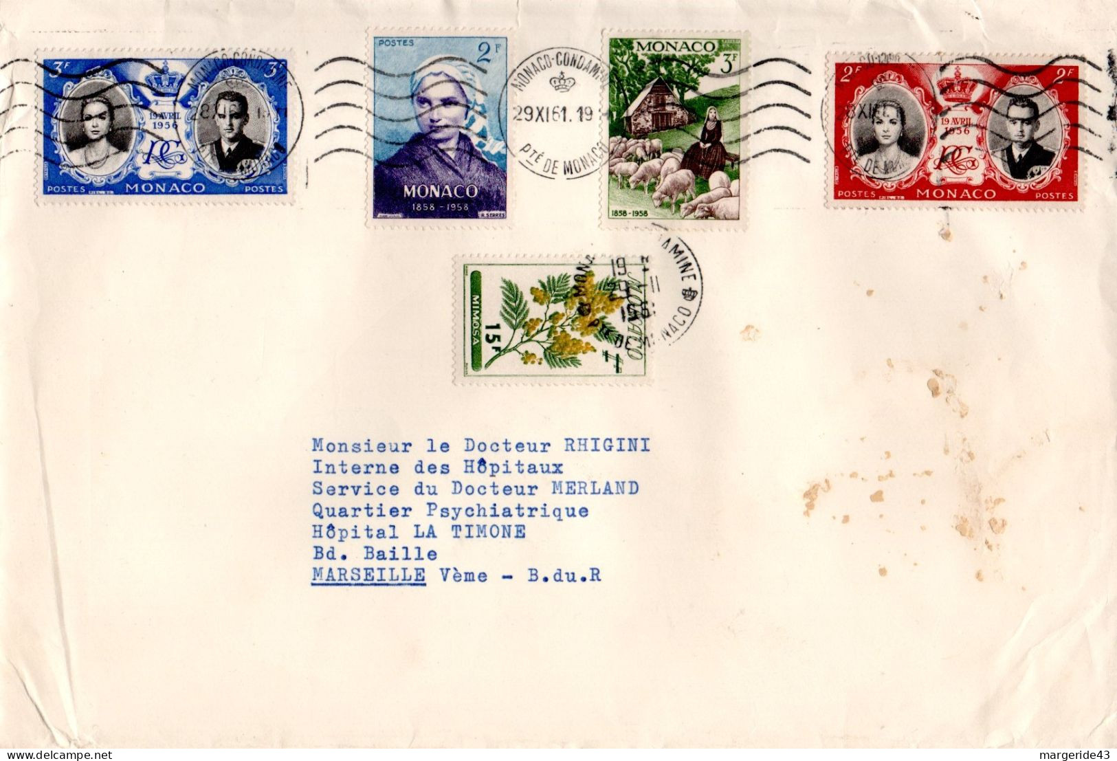 MONACO AFFRANCHISSEMENT COMPOSE SUR LETTRE POUR LA FRANCE 1961 - Cartas & Documentos