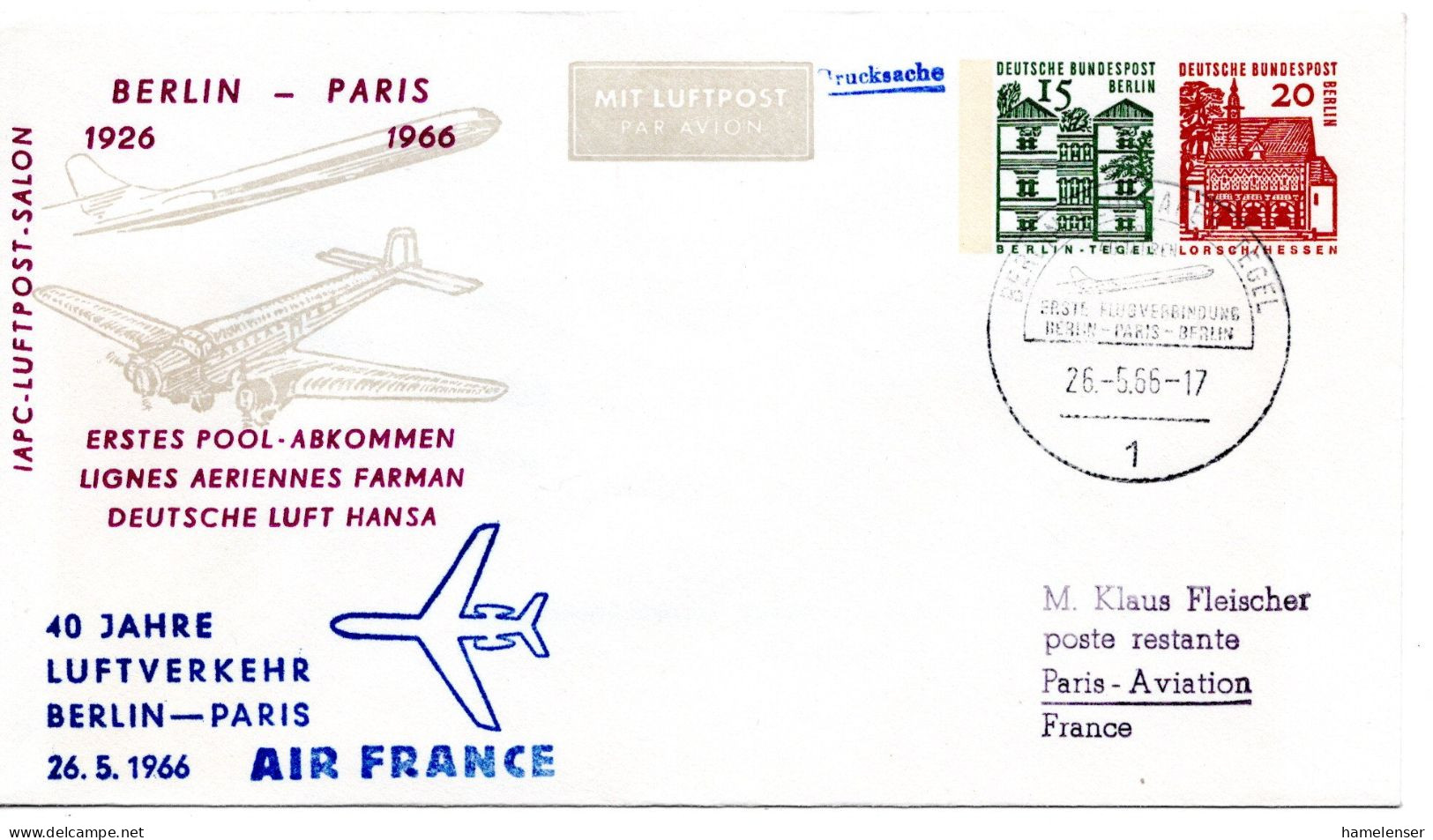 63019 - Berlin - 1965 - 15&20Pfg Kl Bauten PGALpU "40 Jahre Luftverkehr Berlin-Paris" M SoStpl BERLIN - .. -> Frankreich - Lettres & Documents