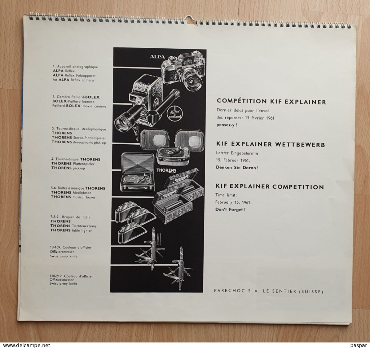 Grand Calendrier 1961 - Publicité Parechoc Le Sentier, Alpa, Bolex, Thorens, Induchoc, Kif Flector - Vues De Suisse - Tamaño Grande : 1961-70